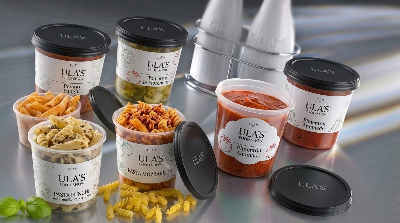 Modify the food containers and lids in the image. Redesign the black plastic lids to have a sleek, refined rim, and add a small, subtle "ULA'S" logo printed on top of each black lid. Adjust the white product labels on the clear plastic containers, changing them from rigid rectangular stickers to curved, organic shapes with soft, rounded contours and no sharp, straight edges. Maintain the contents—pasta varieties and sauces—as well as the metallic surface and lighting of the original scene.