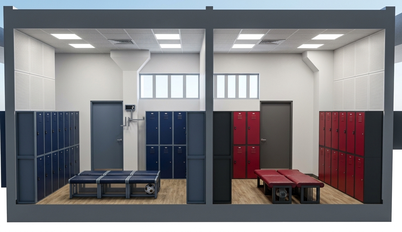 An incredibly lifelike, richly detailed, photorealistic wide architectural interior view of two adjacent professional soccer locker rooms set in an elite, high-performance stadium athletic facility. The scene is illuminated by crisp, powerful midday lighting from recessed LED grid luminaires integrated into a textured Armstrong acoustic tile ceiling, supplemented by cool natural light streaming through the upper clerestory windows, creating an ultra-clean, dynamic, and focused atmosphere. Captured with a high-end 24mm tilt-shift architectural lens, emphasizing matte powder-coated steel finishes, realistic micro-perforated acoustic panels, and resilient non-slip wood-textured athletic flooring. Symmetrically divided to accommodate rival teams, the left room is defined by a cool athletic navy blue and matte slate palette, while the right room is energized with bold deep-crimson and dark graphite accents. Minimalist custom lockers with electronic locks line the perimeter walls, centering around ergonomic benches with padded leather seating and brushed steel frameworks, delivering a pristine, magazine-ready 3ds Max-style architectural visualization.