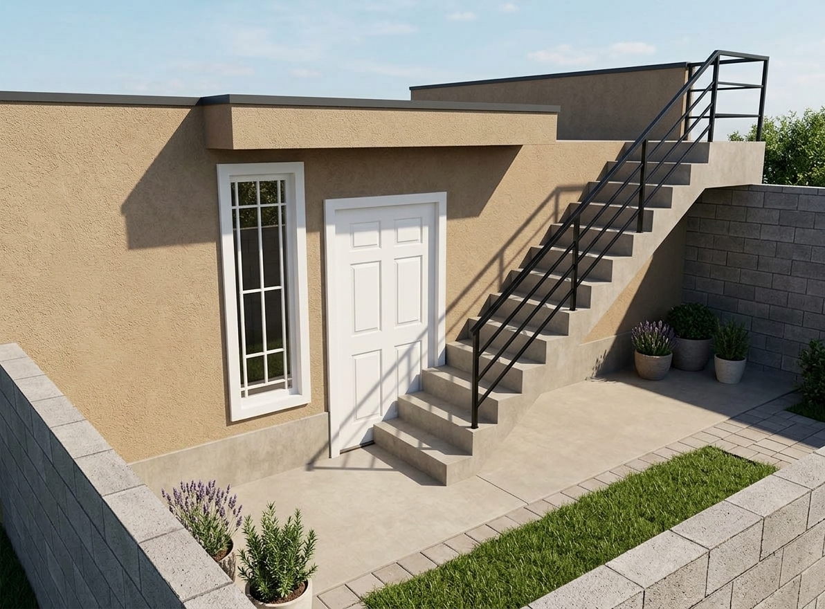An incredibly lifelike, richly detailed, photorealistic eye-level exterior shot of a modern residential facade set in a secluded, minimalist courtyard garden. The scene is illuminated by brilliant, direct mid-afternoon sunlight that casts crisp, dramatic diagonal shadows, creating an open, tranquil, and sophisticated atmosphere. Captured with a professional 35mm tilt-shift architectural lens, emphasizing the tactile, warm-tan textured stucco, smooth poured-concrete finishes, and clean geometric lines. 

The exterior preserves its earthy sand-beige plaster walls, beautifully contrasted by a pristine white paneled doorway and an elongated, vertical white-trimmed window with refined security mullions. Rising along the exterior wall, the sharp concrete staircase is upgraded with a sleek, matte-black steel handrail, leading up toward a charcoal-edged rooftop terrace against a soft azure sky dotted with light clouds. Below, the private patio floor transitions into neat paving bordered by a lush strip of manicured grass, completely enclosed by perimeter walls of textured, stacked grey concrete blocks that define this peaceful, minimalist haven.