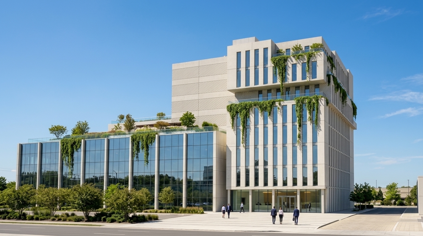 Enhance the image to look like a realistic photograph with natural architectural textures, concrete detailing, and accurate lighting. On the upper balconies, open terraces, and setbacks of the modern beige office building, add lush green trailing plants and cascading vines draping downward along the exterior facade. Maintain the existing building geometry, blue sky, and surrounding street environment while improving realism and glass reflections.