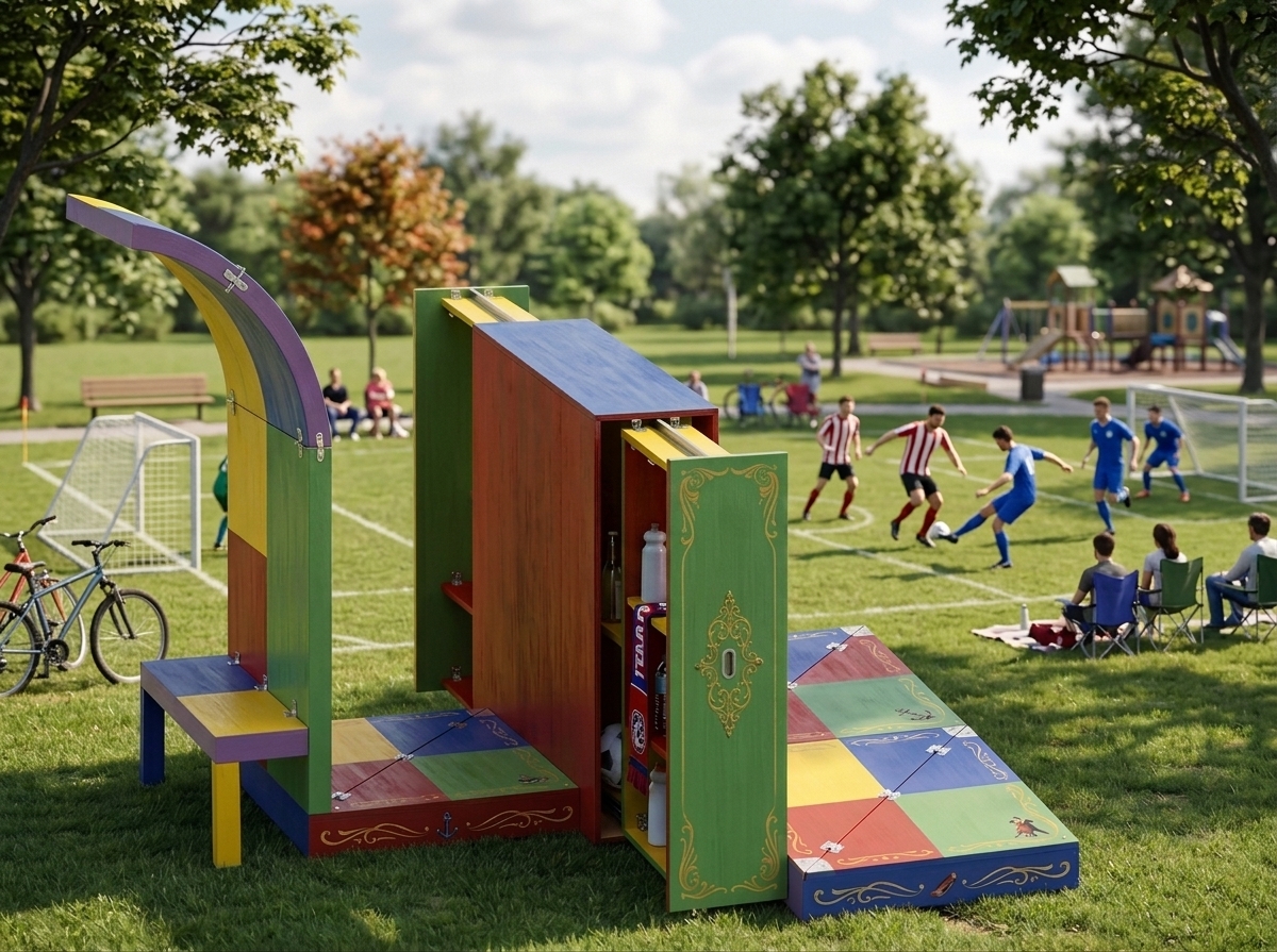 A photorealistic daytime photograph capturing the colorful wooden modular storage and bench unit on a grassy park soccer field, preserving the exact camera angle, perspective, and composition. Shot on a 50mm lens under warm, natural sunlight casting soft shadows across the lawn. The multi-colored wooden surfaces show authentic micro-textures, faint scuffs, and natural paint wear, with metallic glints on the hinges and slide-out hardware containing soccer gear and bottles. In the background, active soccer players and resting families appear with natural motion and depth of field, complemented by organic film grain and subtle ambient contrast.