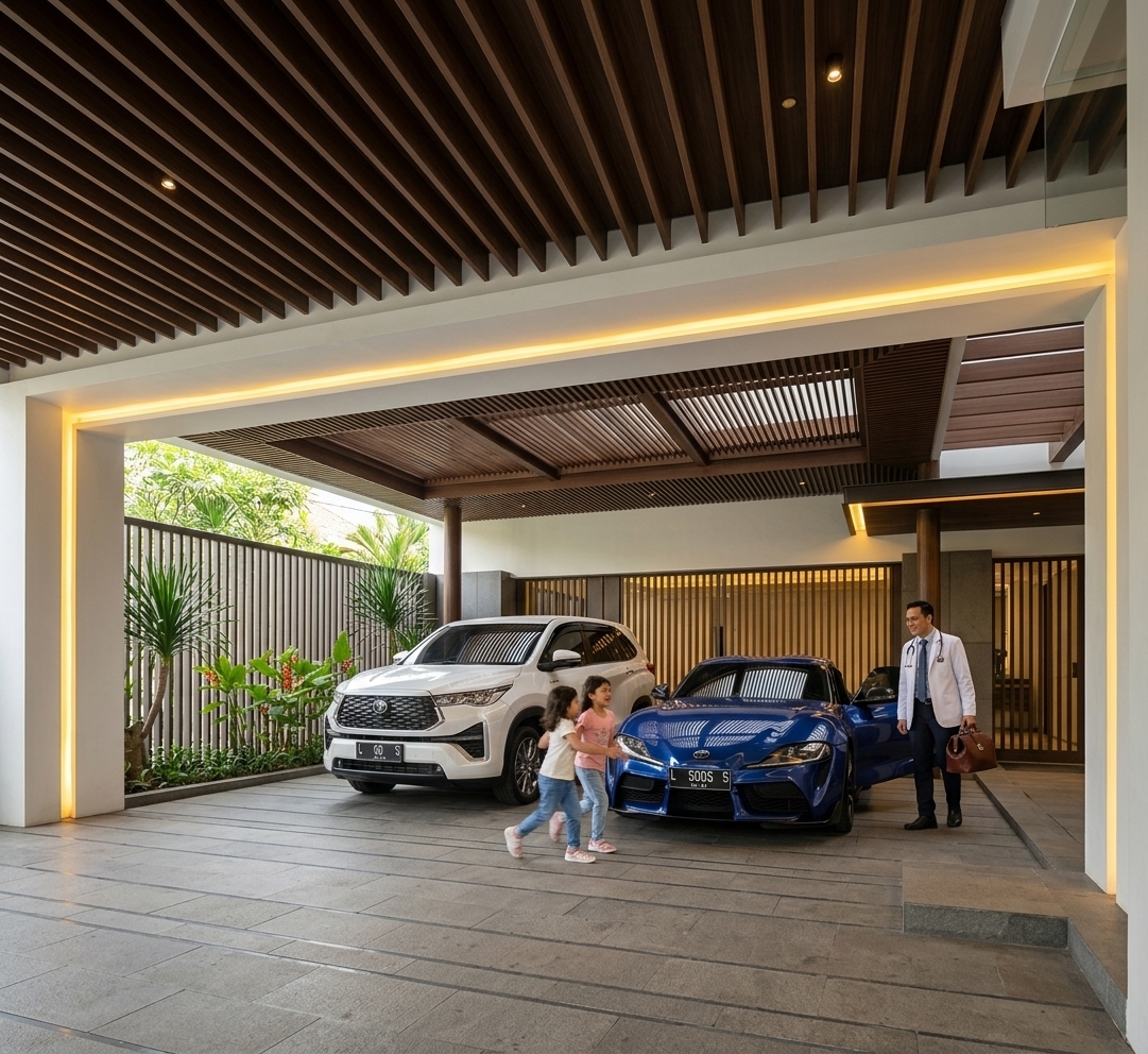 An incredibly lifelike, richly detailed, photorealistic wide-angle architectural shot of the grand carport patio at Dr. Yusuf's residence set in the upscale suburban enclave of Jemursari Utara, Surabaya. The scene is illuminated by balanced midday sunlight filtering through the entrance canopy blended with radiant warm-yellow LED strip lighting recessed into the sleek white framing portal and subtle outbow ceiling downlights, creating a warmly inviting, luxurious, and heartwarming atmosphere. Captured with an architectural tilt-shift lens, emphasizing the fine textured grain of flamed andesite natural stone paving laid in clean, rhythmic linear bands across the ground, the deep-brown slatted Wood Plastic Composite (WPC) ceiling panels, and the glossy metallic reflections of luxury vehicles. Parked side-by-side beneath the illuminated canopy are a pristine pearl-white 2025 Innova Zenix carrying plate "L 50 S" and an assertive deep-blue 2026 Toyota GR Supra bearing plate "L 5005". Stepping out from the driver's seat of the sleek sports coupe, a well-dressed male physician carrying a leather doctor’s briefcase smiles as his two young daughters rush eagerly across the stone floor to embrace him. In the foreground and along the left perimeter beyond the modern vertical slatted security gate, sculptural pandan Bali and blooming tropical heliconia introduce vibrant natural life, completing a scene of seamless contemporary elegance and joyful domestic arrival.