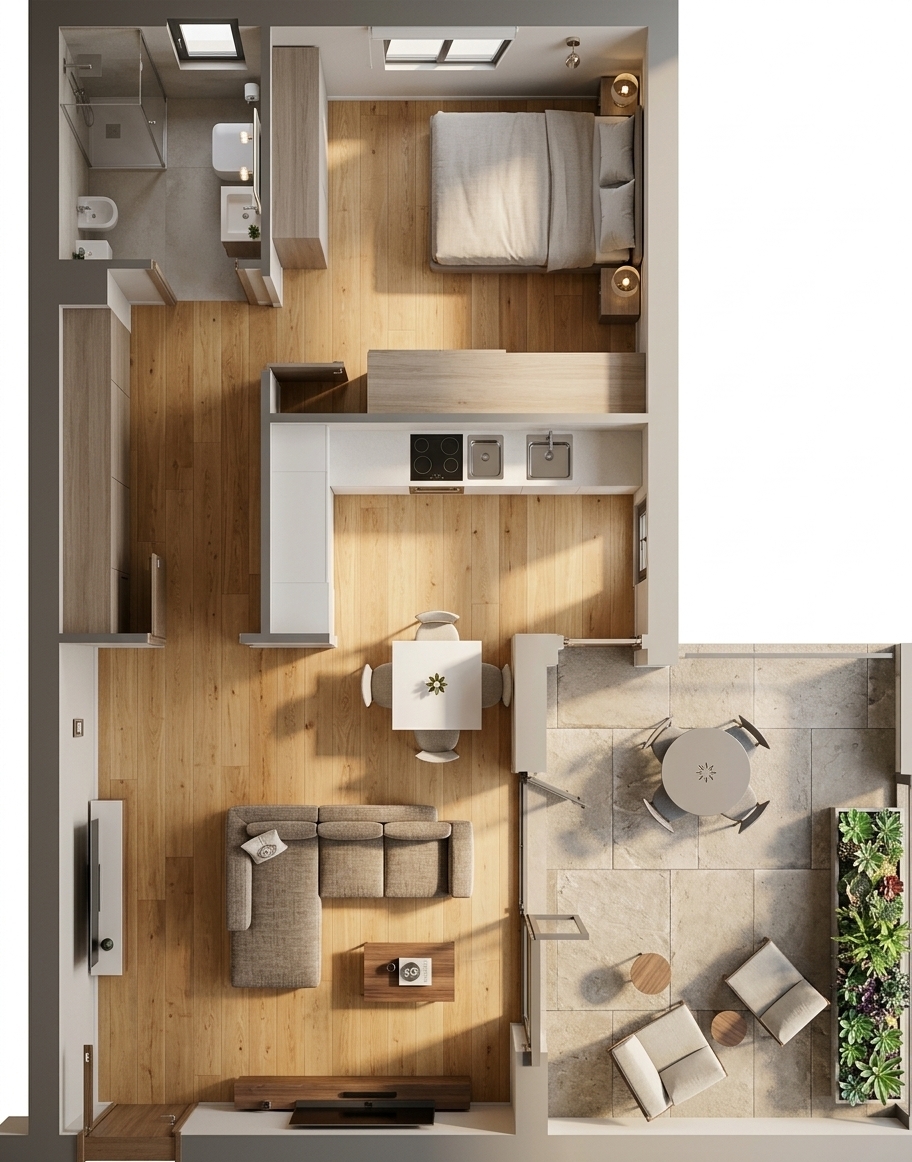 An incredibly lifelike, richly detailed, photorealistic bird’s-eye overhead architectural photograph of an open-concept modern fusion apartment set in an elegant urban residence. The scene is illuminated by crisp, natural sunlight cascading through large terrace doors, casting soft diagonal shadows and creating a serene, inviting atmosphere. Captured with a medium-format camera equipped with a high-resolution wide-angle tilt-shift lens, emphasizing the natural honey grain of the light oak hardwood flooring, the tactile textured weave of the taupe L-shaped sectional sofa, and the sleek finish of the minimalist kitchen and dining area. In the center, a low-profile walnut coffee table rests in the living zone, perfectly balanced by a streamlined white dining table and modern cabinetry. To the side, an expansive balcony paved with textured stone tiles hosts comfortable outdoor armchairs, an al fresco dining spot, and a vibrant planter brimming with lush succulents and foliage, seamlessly blending clean contemporary lines with warm, organic textures.