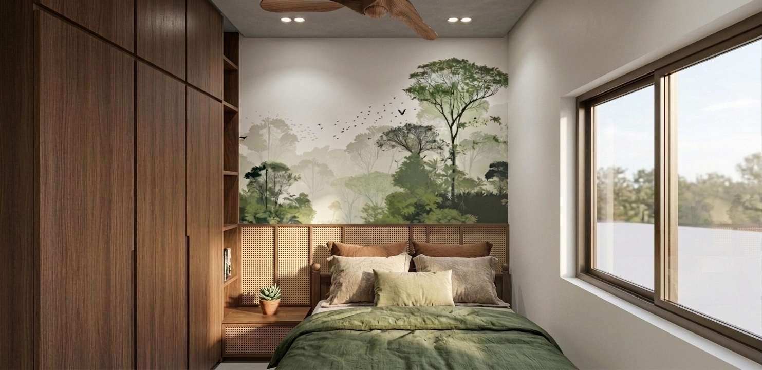 A photograph of the bedroom maintaining the exact composition and camera angle, featuring a completely smooth, flat-finished plain matte white wall on the right with no surface undulations. The existing wooden bed frame and woven rattan headboard remain unchanged, dressed in fresh, coordinated earthy-toned linen bedding in harmonious muted olive greens, warm taupe, and soft cream that subtly complement the botanical forest mural on the back wall. Soft, diffuse daylight spills through the side window, casting gentle contact shadows across the realistic fabric folds, smooth wood grain of the wardrobe, and natural ceiling fan, captured with a sharp 35mm lens, realistic depth of field, balanced warm color temperature, and fine photographic grain.
