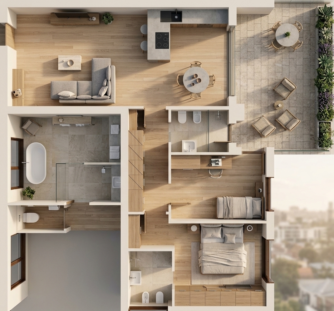 An incredibly lifelike, richly detailed, photorealistic top-down architectural photograph of a contemporary modern-fusion apartment set in a bright urban residence. The scene is illuminated by soft, natural afternoon sunlight streaming through expansive sliding glass doors, casting gentle, warm shadows across the blond oak parquet, creating an airy, serene, and sophisticated atmosphere. Captured with an ultra-wide architectural lens from a bird's-eye perspective, emphasizing organic wood grains, tactile woven fabrics, and polished stone surfaces. 

The main living area harmoniously blends Japandi and modern European aesthetics, featuring a tailored heather-grey sectional sofa paired with a low travertine coffee table and sleek, integrated cabinetry. Flowing effortlessly into the open-plan kitchen and circular dining nook, the space balances clean lines with organic textures. Beyond, the large private terrace paved with textured stone tiles is furnished with modern woven lounge seating, dining sets, and perimeter greenery, completing this refined and harmonious modern fusion home.