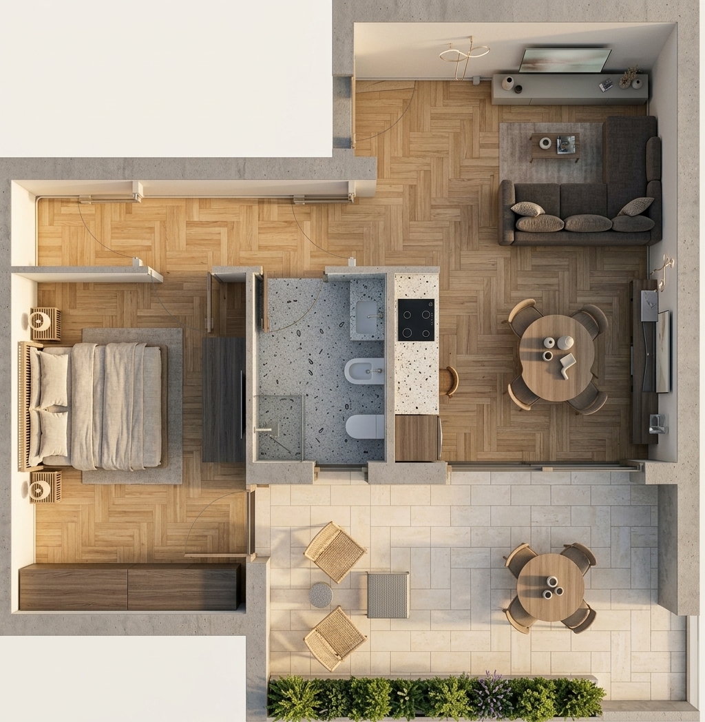An incredibly lifelike, richly detailed, photorealistic bird's-eye architectural photograph of a luxurious modern fusion apartment set in a chic urban residence. The scene is illuminated by soft, golden afternoon sunlight pouring across the layout and casting gentle, realistic shadows, creating a serene, warm, and inviting atmosphere. Captured with a high-resolution medium-format camera and a sharp architectural prime lens, emphasizing the intricate grain of the light oak herringbone parquet, the plush woven upholstery of the charcoal sectional sofa, and the cool, textured finish of the speckled terrazzo bathroom tiles. Inside the open-plan living room, a contemporary circular wooden dining table is paired with sculptural chairs, while the living space is thoughtfully anchored by a minimalist media console and cozy area rug. Outside, the expansive sun-drenched terrace features smooth, pale travertine pavers, modern wicker lounge seating, and an alfresco dining setup bordered by neatly manicured, vibrant green shrubbery and lavender accents.