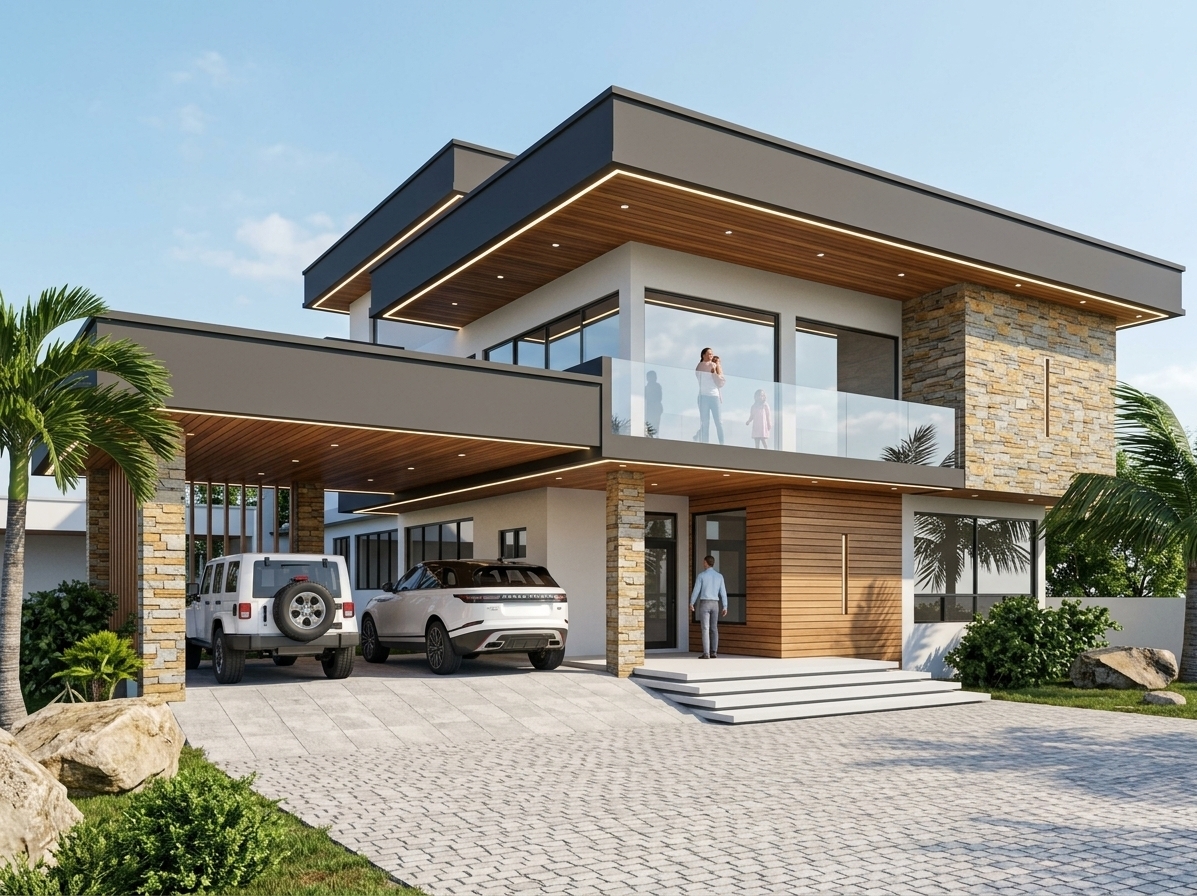 An incredibly lifelike, richly detailed, photorealistic wide-angle architectural shot of a contemporary luxury residence set in a sun-drenched coastal suburban environment. The scene is illuminated by bright, clear midday summer sunlight casting crisp, well-defined shadows, creating an inviting, sleek, and upscale atmosphere. Captured with a professional 24mm tilt-shift lens, emphasizing the rich contrast between warm horizontal teak wood soffits, rough-hewn stacked stone pillars, smooth charcoal-gray fascias, and ultra-clear floor-to-ceiling glass railings reflecting the soft blue sky. The dynamic, modular design features a bold cantilevered second story over a sheltered carport housing a white luxury SUV and an off-road vehicle, while low-rise white floating steps lead to a stylish entryway clad in rich timber and stone. Flanking the textured light-gray paver driveway, manicured tropical palm trees, ornamental shrubs, and natural rock boulders seamlessly integrate modern industrial-inspired clean lines with lush organic landscape architecture.