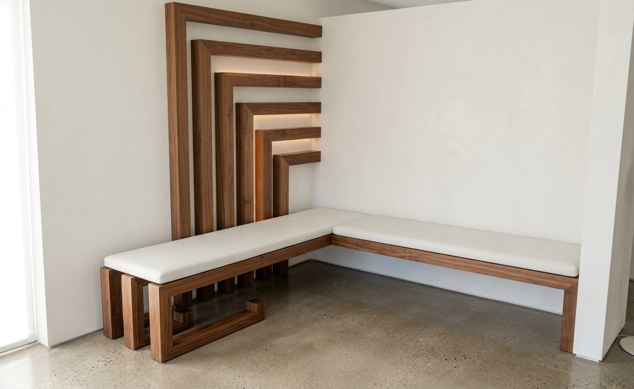 An incredibly lifelike, richly detailed, photorealistic interior photo of a custom architectural corner banquette set in a modern minimalist interior. The scene is illuminated by soft, diffused natural daylight balanced with subtle warm ambient highlights, creating a serene and refined atmosphere. Captured with a professional 35mm architectural lens, emphasizing the rich, authentic grain of warm walnut wood and the tailored smoothness of the matte white cushioned seating. The bespoke L-shaped bench features a striking geometric wall installation composed of rhythmically arranged, concentric wooden slats that extend seamlessly down into a sculptural cantilevered base support. Set against clean, off-white plaster walls and a polished concrete floor, the precise wood joinery, delicate ambient occlusion shadows, and tactile surface finishes evoke exceptional craftsmanship and contemporary elegance.