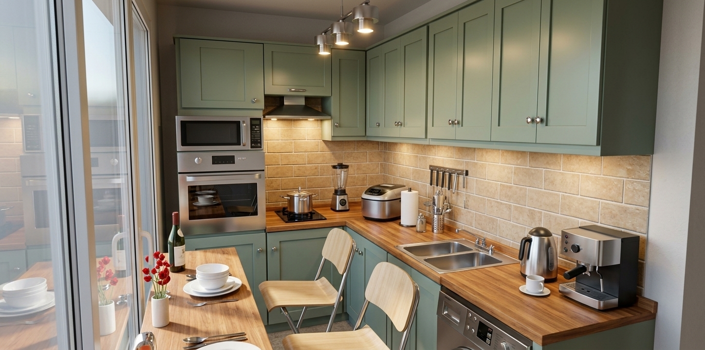 An incredibly lifelike, richly detailed, photorealistic wide-angle interior shot of a compact, modern fusion kitchen set in an urban contemporary apartment. The scene is illuminated by bright midday daylight streaming through a nearby floor-to-ceiling window paired with warm, direct spotlights from an overhead industrial track fixture and under-cabinet task lighting, creating a dynamic, clean, and inviting atmosphere. Captured with a professional full-frame camera and a 24mm lens, emphasizing the natural wood grain of the butcher-block countertops, satin sage-green cabinetry, and sleek reflections on polished stainless steel appliances. 

This thoughtfully configured kitchen showcases modular efficiency, pairing muted sage shaker cabinetry with polished metallic knobs and a warm, textured tile backsplash. A high-end built-in oven, integrated cooktop with an angular extractor hood, and countertop essentials—like a professional espresso machine and sleek chrome kettle—highlight an industrial-inspired edge. In the foreground, a charming breakfast bar extends along the side, set with crisp white ceramic dishware, a slender wine bottle, a minimal vase of vibrant red blooms, and paired with minimalist bentwood and chrome folding chairs, creating a scene worthy of a high-end architectural photography book.