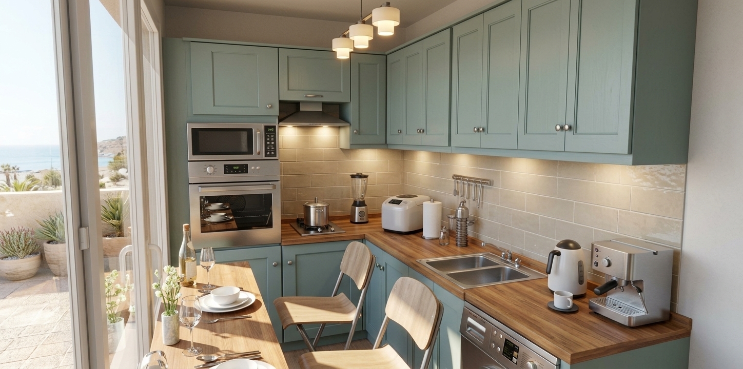An incredibly lifelike, richly detailed, photorealistic wide-angle interior shot of a charming coastal kitchen and dining nook set in a sunlit seaside apartment. The scene is illuminated by radiant midday sunlight pouring in from the adjacent terrace alongside warm under-cabinet task lights, creating an airy, light, and effortlessly relaxed coastal atmosphere. Captured with a full-frame architectural camera and a 24mm tilt-shift lens, emphasizing the natural wood grain of the butcher-block countertops, the soft eggshell finish of the muted sea-spray green shaker cabinetry, and the subtle glaze of sandy neutral subway tiles. The compact, L-shaped layout features gleaming stainless steel appliances, an uncluttered double sink, and a high-end espresso machine, while the adjacent wooden dining counter is casually set for two with crisp white ceramics, wine glasses, and delicate fresh flowers. Harmonizing shades of sea-glass blue, warm timber, and breezy whites, this inviting culinary space evokes the refreshing, sun-drenched ease of coastal living.