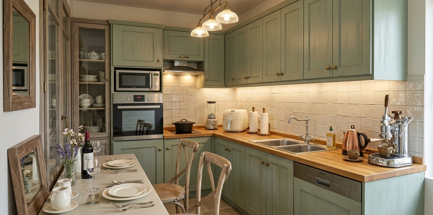 An incredibly lifelike, richly detailed, photorealistic wide-angle interior shot of an intimate kitchen infused with French country charm, set in a cozy provincial cottage. The scene is illuminated by gentle midday natural light complemented by warm under-cabinet task lighting and a vintage overhead fixture, creating a warm, romantic, and inviting atmosphere. Captured with a 35mm architectural lens, emphasizing the weathered soft-sage cabinetry, honey-toned solid butcher block countertops, and textured ceramic backsplash. A charming breakfast nook features light-toned wooden bistro chairs set around a neatly arranged table with fine dinnerware, a glass vase with delicate blossoms, and a wine bottle. Thoughtfully arranged culinary essentials, including a gleaming espresso machine, polished kettle, and rustic cookware, harmonize with small potted kitchen herbs, evoking the timeless, lovingly curated spirit of classic French countryside living.