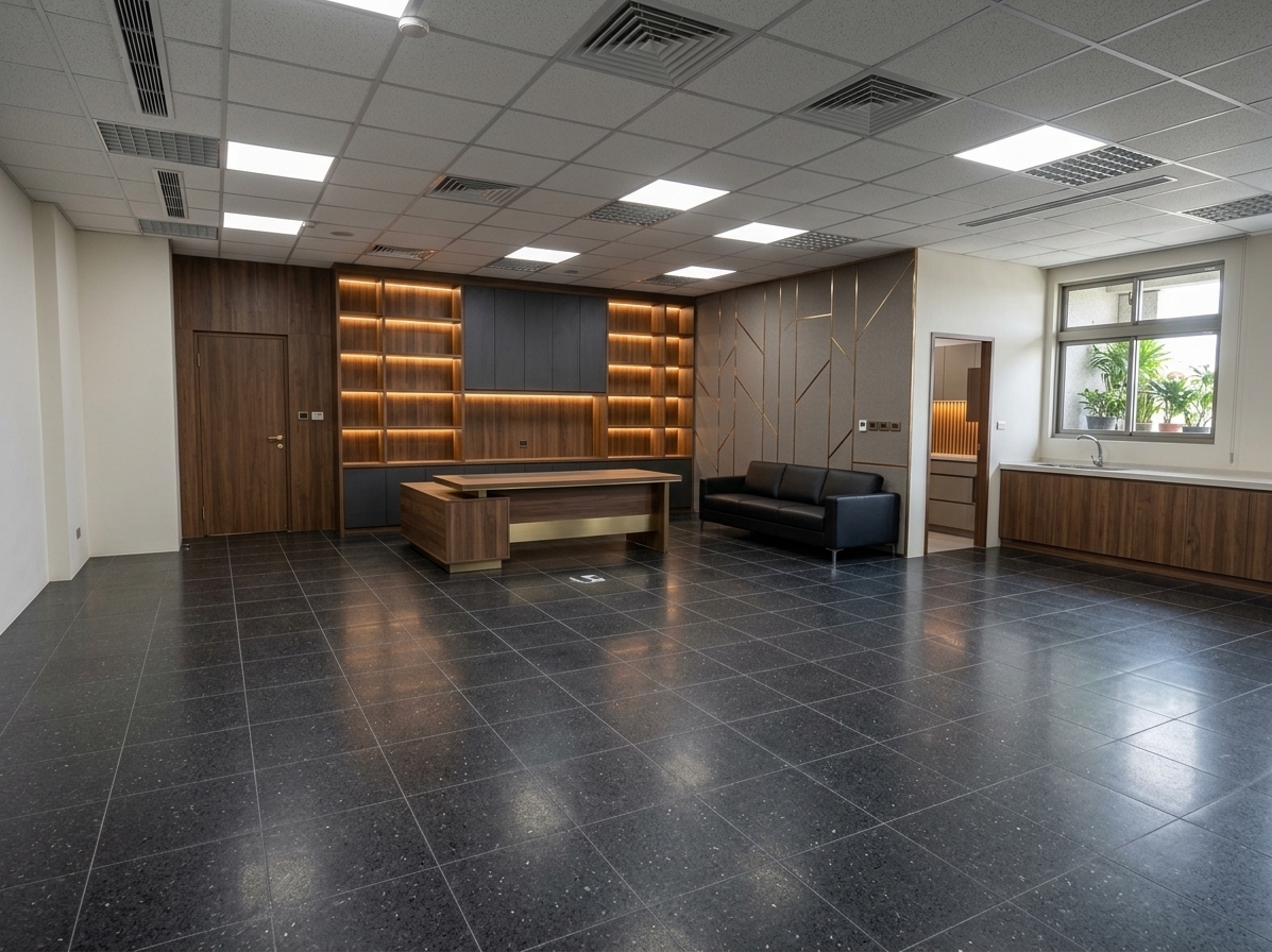 An incredibly lifelike, richly detailed, photorealistic wide-angle interior photograph of an expansive executive office set in a contemporary corporate headquarters. The scene is illuminated by clean, flush-mounted LED flat panel lights integrated into an immaculate white exposed grid ceiling, accented by warm concealed backlighting and soft daylight filtering through the exterior window, creating a dignified, prestigious, and welcoming atmosphere. Captured with a professional 24mm architectural lens, emphasizing the refined mineral texture of the deep charcoal "Black Pearl SE-403" terrazzo floor tiles, the fine grain of bespoke architectural woodwork, and tailored leather upholstery.

The spacious room is transformed into a commanding yet elegant executive suite embodying contemporary sophistication and quiet authority. Anchoring the space, a substantial walnut and brushed-brass executive desk faces the room, backed by the primary visual feature wall: an imposing, full-height architectural ensemble combining open display shelving with integrated warm LED illumination, charcoal-stained tall storage, and sleek low credenzas. Across from the desk, a comfortable executive lounge area features a tailored three-seater leather sofa backed by a refined secondary accent wall finished in muted acoustic wall cladding and subtle geometric metallic inlays. To the right, floor-to-ceiling vertical warm-oak wood slats form a rhythmic screen partition that gracefully conceals the rear balcony threshold and pantry area while maintaining open sightlines and spatial airiness, harmonizing perfectly with the sleek dark terrazzo floor and pristine suspended ceiling.
