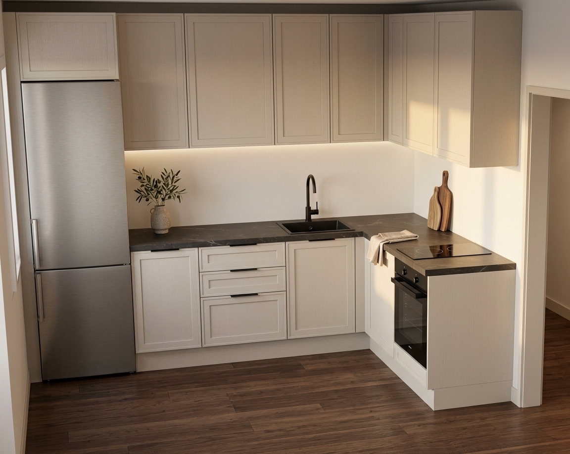 An incredibly lifelike, richly detailed, photorealistic wide-angle interior photograph of an elegant, modern L-shaped kitchen set in a serene apartment during a calm summer evening. The scene is illuminated by the warm, golden hues of a setting sun filtering gently through an adjacent window, perfectly paired with subtle, built-in warm LED strip lighting glowing along the backsplash and under the upper cabinetry, creating an inviting, minimalist, and tranquil atmosphere. Captured with a professional 35mm architectural lens at f/8, emphasizing the refined tactile matte textures, crisp cabinet profiling, and luxurious countertop finishes. 

The cabinetry features sleek, light-beige shaker-style fronts with matching plinths and understated black edge handles. Spanning the lower base is an exquisite, dark charcoal countertop adorned with subtle, soft marble veining, into which a minimalist square matte-black undermount sink with a high-arching black gooseneck faucet is cleanly integrated. On the perpendicular counter, a compact two-burner black induction cooktop sits seamlessly above a modern built-in oven with black glass detailing. Anchoring the left side is a tall, brushed stainless-steel refrigerator standing atop warm, dark espresso hardwood flooring. Tastefully curated decorative elements—including a small textured ceramic vase with olive stems, a folded linen tea towel, and a sculptural wooden cutting board—complete this impeccably balanced, modern culinary haven.