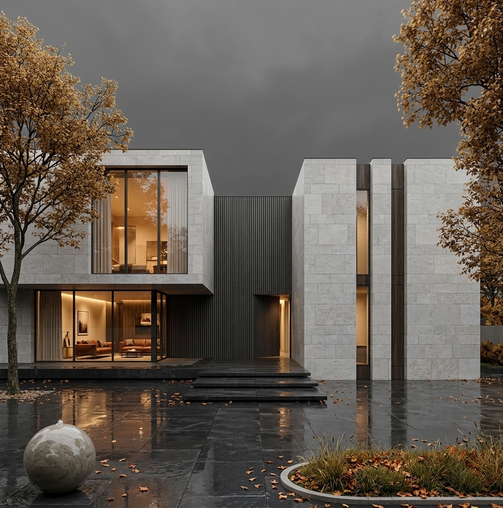 An incredibly lifelike, richly detailed, photorealistic wide-angle architectural exterior shot of a luxury minimalist villa set in a tranquil, autumn-kissed residential courtyard. The scene is illuminated by the soft, diffused ambient light of an overcast sky, elegantly contrasted by warm, golden illumination emanating from within the spacious interiors, creating a serene, sophisticated, and inviting atmosphere. Captured with a professional 24mm tilt-shift architectural lens on a full-frame camera, emphasizing crisp orthogonal lines, the tactile contrast between smooth-honed stone and vertical dark timber, and shimmering ground reflections.

The architectural composition centers around bold, cuboid volumes that balance solid mass with transparent voids. On the left, a cantilevered upper floor clad in pale gray limestone blocks features dramatic floor-to-ceiling glass windows that open up views into a warm, curated living area. Below it, an aligned ground-level glazed pavilion showcases a refined, minimalist interior complete with a classic leather sofa, subtle ambient lighting, and abstract wall art set against clean, neutral walls. 

The central entryway is clad in finely textured, vertical charcoal-stained wood slats that recede gracefully, leading to a sleek entryway approached by low, floating dark stone steps. To the right, a vertical stone volume is punctuated by slender, recessed dark timber reveals and tall ribbon windows, providing vertical balance and architectural rhythm.

In the foreground, an expansive patio paved with large-format, dark slate tiles glistens from a recent rainfall, mirroring the facade's geometry and the amber interior lights in soft, realistic water reflections. Scattered across the wet stone are delicate autumn leaves in shades of rust and ochre. Flanking the residence, slender deciduous trees with delicate golden-brown foliage frame the building, rooting the ultra-modern, uncluttered design seamlessly into its quiet, natural environment.