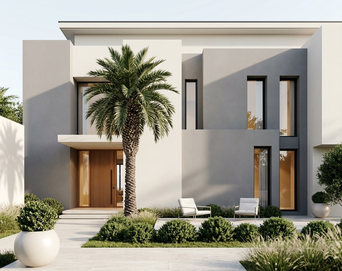 An incredibly lifelike, richly detailed, photorealistic wide eye-level exterior architectural shot of a luxurious modern villa set in an impeccably manicured garden environment. The scene is illuminated by clean, radiant natural daylight softened by a pristine sky, complemented by the delicate, warm glow radiating from the recessed foyer, creating an airy, sophisticated, and tranquil atmosphere. Captured with an architectural tilt-shift lens on a high-resolution medium format camera, emphasizing the interplay of razor-sharp clean-lined geometry, smooth matte stucco, natural timber grains, and lush botanical textures.

The exterior embodies contemporary elegance through its bold, balanced massing. Clean rectilinear volumes are finished in subtle shades of warm white and soft pearl, contrasted by a prominent vertical volume coated in a velvety soft gray plaster. Deep-set, slim black metal-framed windows with expansive clear glazing reflect the surrounding greenery and sky, lending a transparent, light-filled openness to both levels of the home. Sheer champagne-toned drapery hangs gracefully behind the upper-floor glass, adding a sense of understated refinement.

A cantilevered entrance porch defines the entry sequence, leading toward a prominent vertical-slat pivot door crafted from rich natural wood with soft champagne undertones. Symmetrical, oversized matte pearl urn planters holding dense, spherical shrubs flank the welcoming doorway, alongside slim-profile sculptural lighting sconces mounted to the walls. Inside, the visible foyer hints at curated decor and glowing, design-forward interior details worthy of an elite architectural photography book.

The landscape is thoughtfully arranged to create an organic dialogue with the home's rigid lines. A towering palm tree with deeply textured bark and vibrant emerald fronds rises effortlessly through the center, casting dynamic, dappled shadows across the gray facade. At its base, a relaxed outdoor lounge features a low-profile natural timber bench fitted with tailored forest-green upholstered cushions. Across the pale polished stone paving of the entry patio, a pair of lightweight, slim metal-accented lounge chairs with tailored white upholstery creates an inviting, balanced outdoor vignette, grounded by neat mounds of dwarf shrubs and fine ornamental grasses lining the perimeter.