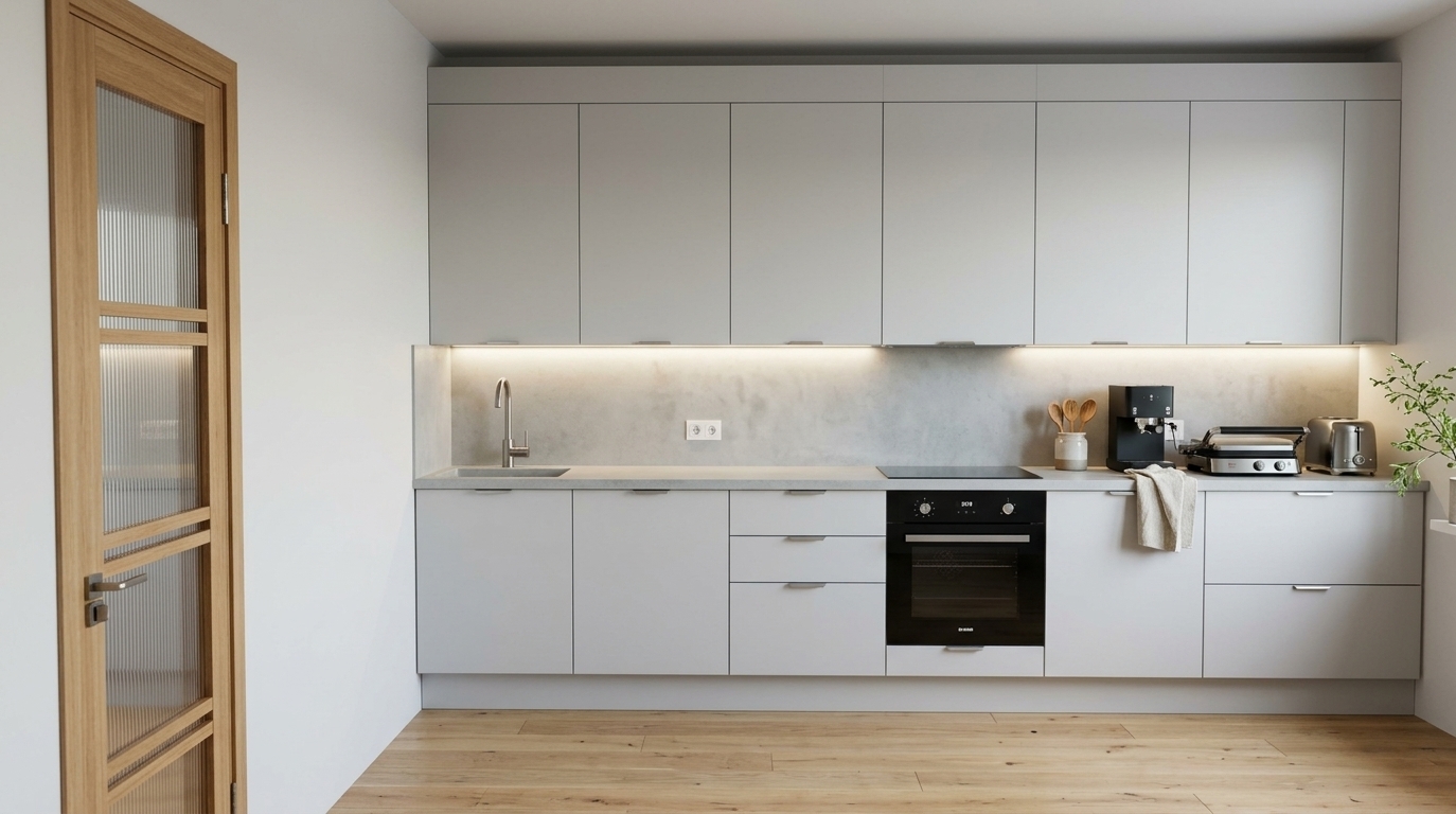 An incredibly lifelike, richly detailed, photorealistic straight-on interior shot of a serene Scandinavian soft-modern kitchen set in a chic, contemporary apartment. The scene is illuminated by gentle, diffused daylight pouring in alongside subtle, warm hidden LED under-cabinet strip lighting, creating an inviting, tranquil, and airy atmosphere. Captured with a professional 35mm architectural tilt-shift lens at eye level, emphasizing the tactile interplay between the silky matte light-gray flat-panel cabinets, the cool tactile texture of the polished concrete countertop and matching low-profile splash zone, and the organic blonde grain of the wide-plank warm oak flooring. Maintaining the exact streamlined layout, the balanced cabinetry seamlessly integrates a sleek black glass induction cooktop and matching built-in digital oven at its center, flanked by a minimalist brushed nickel gooseneck faucet over an undermount sink to the left. On the right side of the counter, curated culinary accents replace all placeholders with functional elegance: a compact tabletop electric contact grill with brushed steel accents, an aesthetic minimalist two-slice toaster, and a premium matte-black espresso maker, accompanied by a small ceramic crock holding wooden utensils, a neatly draped linen kitchen towel, and a delicate potted plant that breathes vibrant life into the composition. On the far left, a warm natural wood door with inset textured fluted glass catches soft ambient reflections, grounding this impeccably styled, clutter-free culinary haven in understated modern elegance.