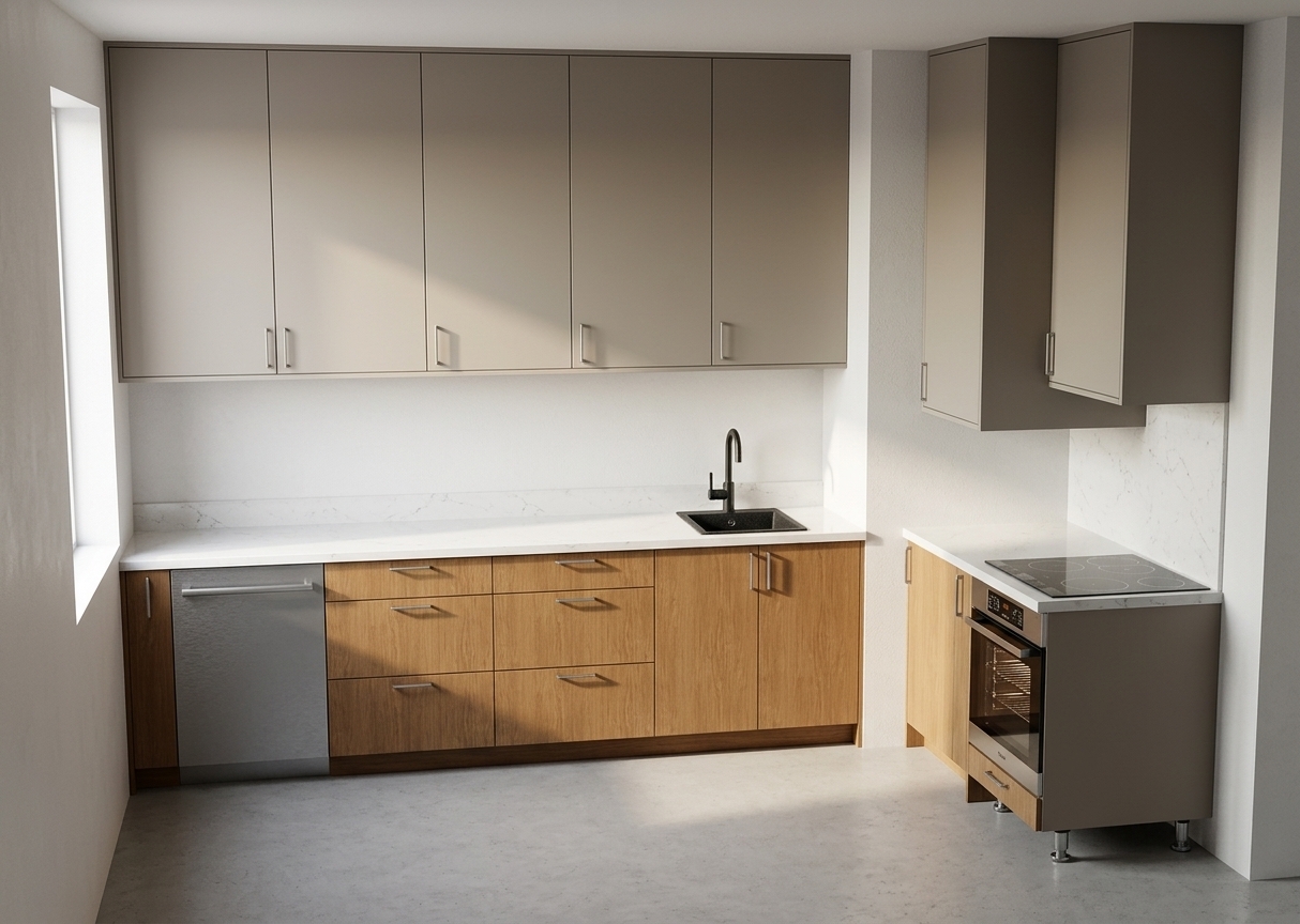 A photorealistic interior photograph of this exact kitchen setup illuminated by bright, clear midday spring sunlight. The scene preserves the exact layout and geometry, rendering the upper cabinets in a smooth matte taupe laminate and the lower cabinets in authentic warm oak wood grain with delicate tactile texture. Polished white stone countertops catch subtle specular highlights, while the ceramic cooktop and glossy black oven door reflect soft ambient daylight. Clean, realistic contact shadows ground the cabinetry against neutral white walls, complemented by crisp metallic reflections on the slim cabinet pulls and the matte black gooseneck faucet, all framed with natural lens perspective and balanced photographic contrast.