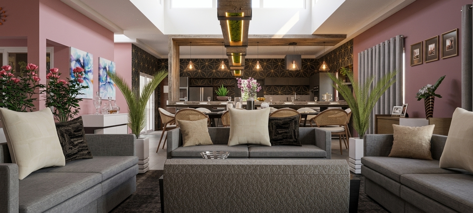 A photorealistic architectural photograph preserving the exact framing, geometry, and layout of the open-concept interior. Shot with a crisp wide-angle lens under soft daytime ambient light balanced by warm pendant fixtures. Textures and materials are rendered realistically, highlighting the tactile upholstery on the sofas, rich wood grain on the dining chairs and overhead beam, fine ceramic tile patterns on the kitchen backsplash, and sleek stone countertops. Delicate foliage details, authentic fabric drape on the curtains, and soft, natural contact shadows create a high-fidelity, beautifully balanced photograph with clean color rendering.