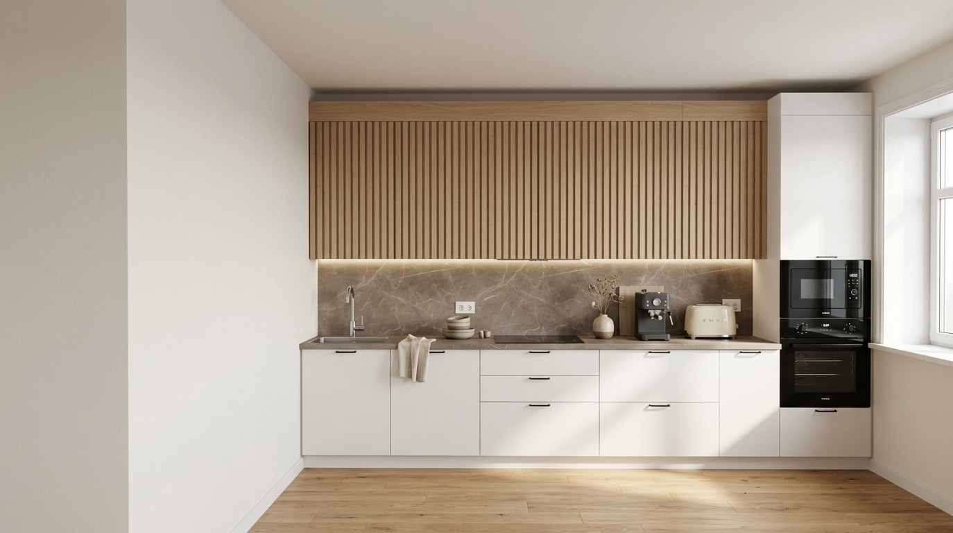 An incredibly lifelike, richly detailed, photorealistic straight-on eye-level shot of a sophisticated Scandinavian kitchen set in a bright, sun-drenched modern apartment. The scene is illuminated by soft, natural daylight streaming in from the adjacent right-hand window, complemented by subtle, warm-white LED illumination nestled beneath the upper cabinets, creating an airy, inviting, and peaceful atmosphere. Captured with a professional 50mm architectural lens with a clean, straight perspective, emphasizing authentic material textures and impeccable minimalist craftsmanship. Faithfully maintaining the original room proportions and cabinetry layout, the kitchen features clean-lined matte white lower cabinets with slender black handles, paired with elegant vertical-slat fluted upper cabinetry and a floor-to-ceiling appliance tower seamlessly integrating a glossy black digital microwave and oven. The workspace is defined by a luxurious brownish-gray natural stone countertop and matching full-height slab backsplash, characterized by subtle, organic taupe and charcoal veining. Resting tastefully on the stone surface are an elegant matte-charcoal compact espresso machine and a soft cream retro-modern toaster, accompanied by a small artisanal ceramic vase with delicate dried botanicals, neatly stacked stoneware bowls, and a neutral folded linen towel casually draped near the undermount stainless steel sink. The warm natural oak plank flooring and soft off-white wall finishes bring a grounded, tactile coziness that completes this effortlessly refined, contemporary Scandinavian sanctuary.