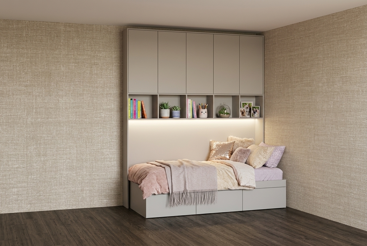 Transform this 3D concept sketch into a photorealistic interior render of a 10-year-old girl's bedroom nook. Render all built-in cabinetry and the bed frame in a matte Egger Cashmere Grey finish. Fill the open cubby shelves with age-appropriate decor such as books, small plants, and cute accessories. Add warm integrated LED strip lighting beneath the open shelves illuminating the bed alcove. Style the bed with realistic, cozy bedding and decorative cushions. Render realistic textures for the textured beige wallpaper and dark wood floor, matching the exact perspective and layout of the image.