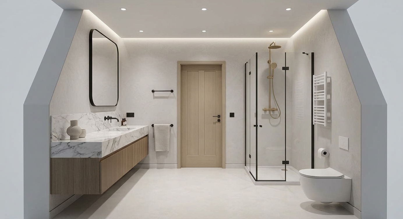 An incredibly lifelike, richly detailed, photorealistic wide cutaway view of an elegant master bathroom set in a high-end contemporary residence. The scene is illuminated by soft, recessed ceiling spotlights and subtle cove backlighting, creating an airy, sophisticated, and tranquil atmosphere. Captured with a 35mm architectural lens, emphasizing polished stone surfaces, delicate wall plaster textures, and slender matte black metal accents. 

Finished in an understated palette of soft gray, pearl, and champagne tones, the balanced layout features a floating vanity topped with a polished white marble counter, warm fluted wood cabinetry, and a minimalist rounded-corner mirror paired with sleek wall-mounted fixtures. Centered along the back wall, a clean-lined panel door is complemented by curated decor accents, while the opposite side features an immaculate walk-in glass shower enclosure with refined black framing and rain-shower hardware. Polished seamless microcement flooring, a minimalist heated towel ladder, and a streamlined wall-hung toilet complete this light-filled, impeccably refined sanctuary of contemporary elegance.