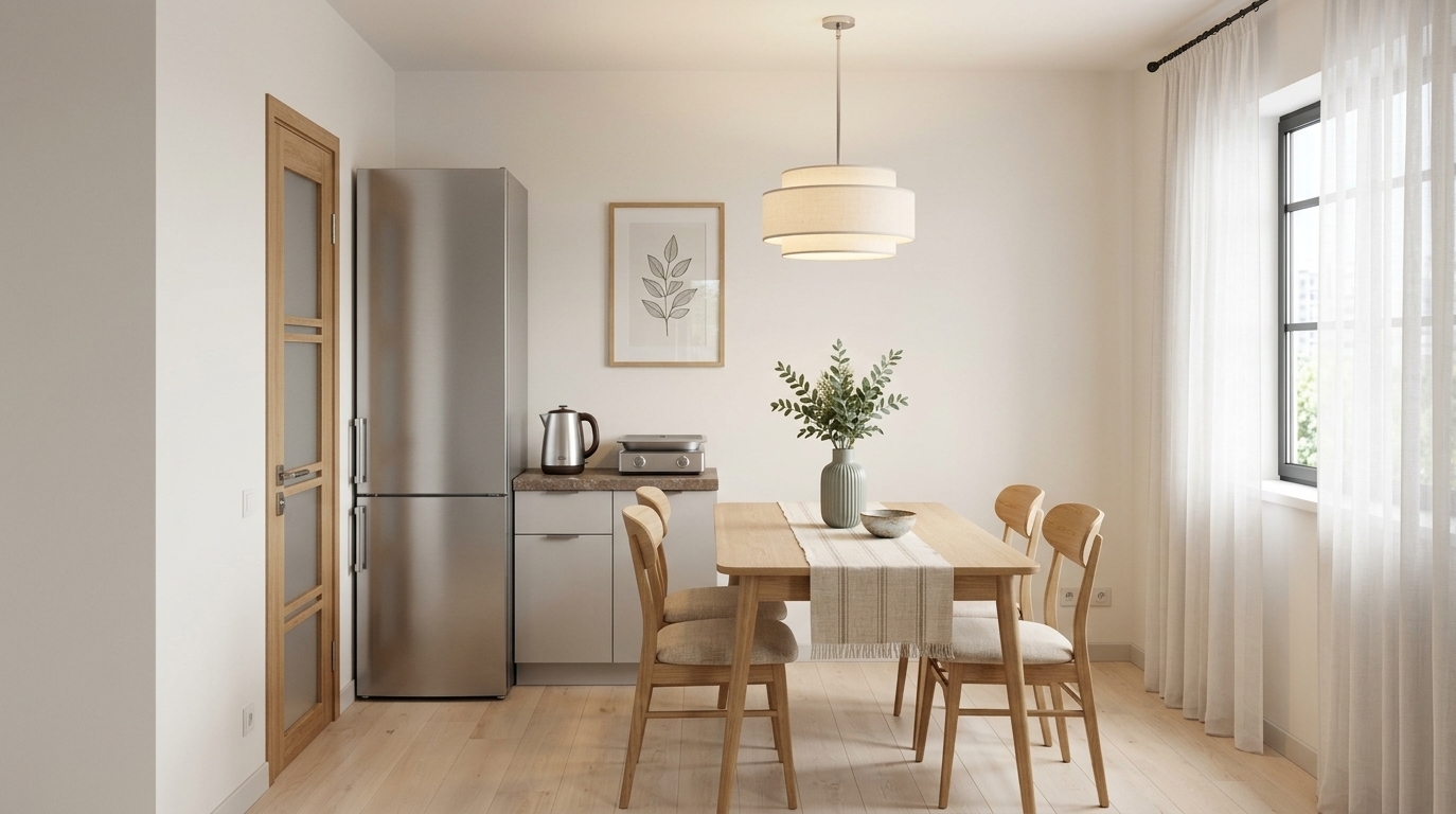 An incredibly lifelike, richly detailed, photorealistic wide-angle interior shot of a sophisticated dining and kitchen nook set in a serene, modern apartment. The scene is illuminated by soft daylight diffusing through sheer white window drapes combined with the warm, cozy glow of a multi-tiered linen pendant lamp overhead, creating an inviting and contemporary elegant atmosphere. Captured with a 35mm prime architectural lens, emphasizing smooth matte textures, polished surfaces, and natural wood grains, the composition faithfully preserves the original layout: on the left stands a sleek, tall stainless-steel refrigerator beside a warm wood-and-frosted-glass door, seamlessly adjoining a minimalist low cabinet now reimagined in an understated light gray matte finish, crowned with a refined brownish-gray stone countertop supporting small modern appliances. Positioned centrally, the streamlined light-oak dining table—draped with a subtle textured runner, a grooved ceramic vase with fresh greenery, and a delicate bowl—is encircled by four matching Scandinavian-inspired wooden chairs with cushioned seats, all resting gracefully upon seamless pale hardwood floors beneath a framed minimalist botanical art piece mounted on pristine, warm-toned walls.