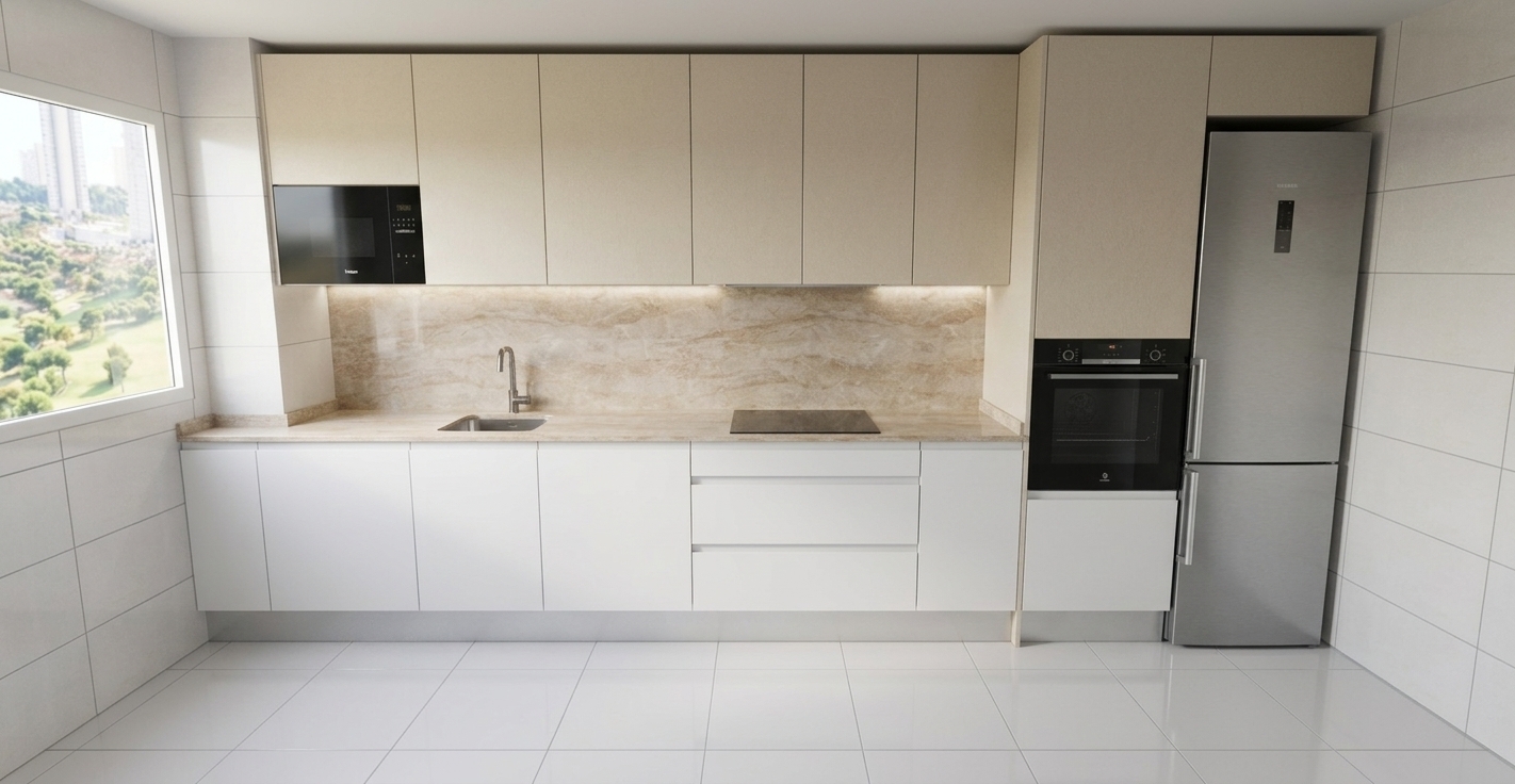 A crisp, photorealistic architectural photograph capturing the exact kitchen layout, illuminated by soft natural daylight streaming through the left window. Faithfully preserve the original colors and textures, showcasing matte light-beige upper cabinetry, sleek white base units, and a warm, beige-veined stone countertop with a matching backsplash. The brushed stainless steel refrigerator, glossy induction cooktop, and black built-in appliances display realistic specular highlights and subtle reflections. Captured with a straight-on wide-angle lens, the scene features balanced interior exposure, soft contact shadows on the white tiled floor, and physically accurate material finishes throughout the unchanged composition.