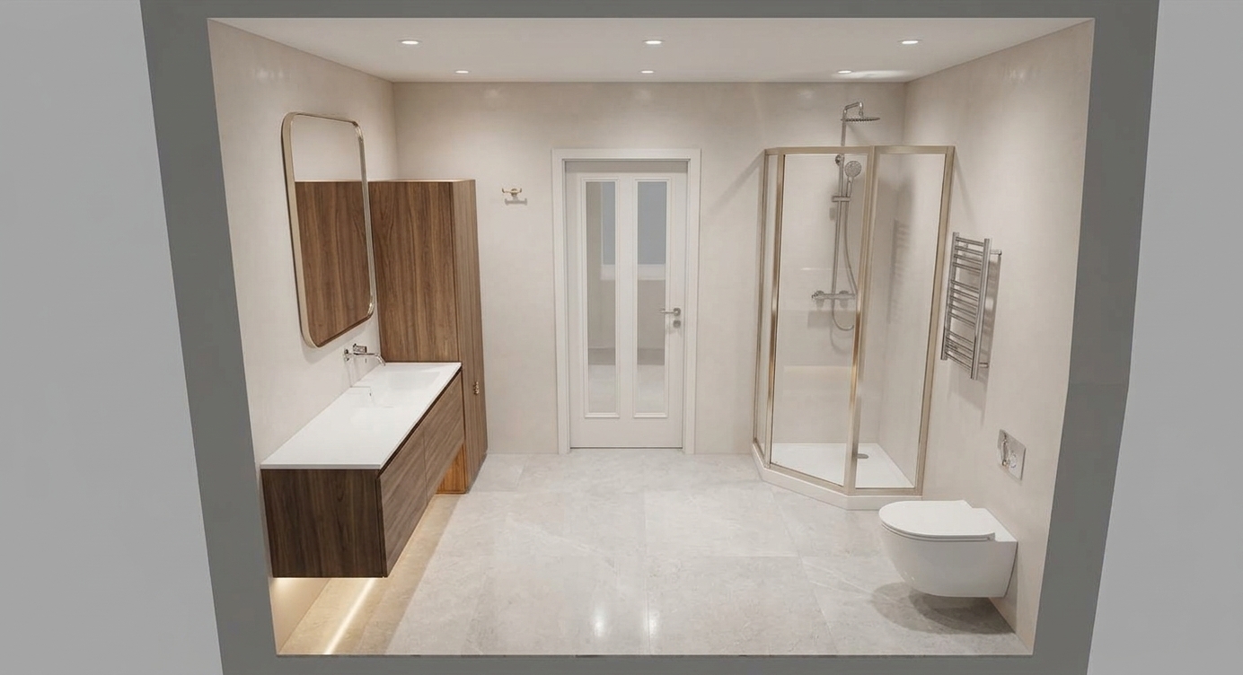 An incredibly lifelike, richly detailed, photorealistic high-angle interior perspective of a spacious bathroom set in an elegant contemporary penthouse. The scene is illuminated by soft, recessed architectural ceiling fixtures and warm ambient under-vanity lighting, creating a tranquil, sophisticated, and light-filled atmosphere. Captured with a professional wide-angle architectural lens, emphasizing polished stone surfaces, smooth pearl-toned walls, and subtle champagne-finished slim metal hardware. Along the left wall, a clean-lined floating vanity with a crisp undermount sink and a sleek rounded mirror stands seamlessly beside a warm vertical wood-grain storage cabinet. Centered at the rear is a refined paneled entry door, while the right side elegantly accommodates a prism-shaped glass corner shower enclosure with polished chrome fittings, a minimalist heated towel rack, and an understated, wall-adjacent toilet suite, embodying balanced luxury and serene refinement.