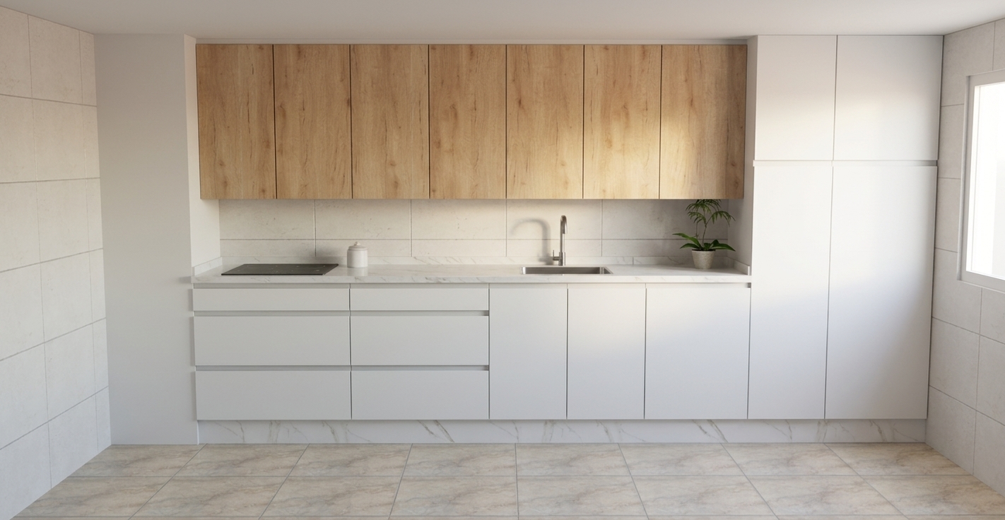 An architectural photograph captured straight-on, precisely preserving the exact geometry, fixtures, and materials. Soft natural daylight floods in from the side window, creating gentle directional highlights across the realistic light oak wood grain of the upper cabinets and the smooth satin-white surfaces of the lower cabinetry. The white veined stone countertop and tiled backsplash exhibit tactile micro-textures and subtle reflections, while the beige ceramic floor tiles show authentic surface imperfections and fine grout lines. Crisp neutral lighting naturally illuminates the black induction cooktop, brushed stainless steel sink faucet, and small potted plant, delivering a clean, authentic, and balanced photographic finish.