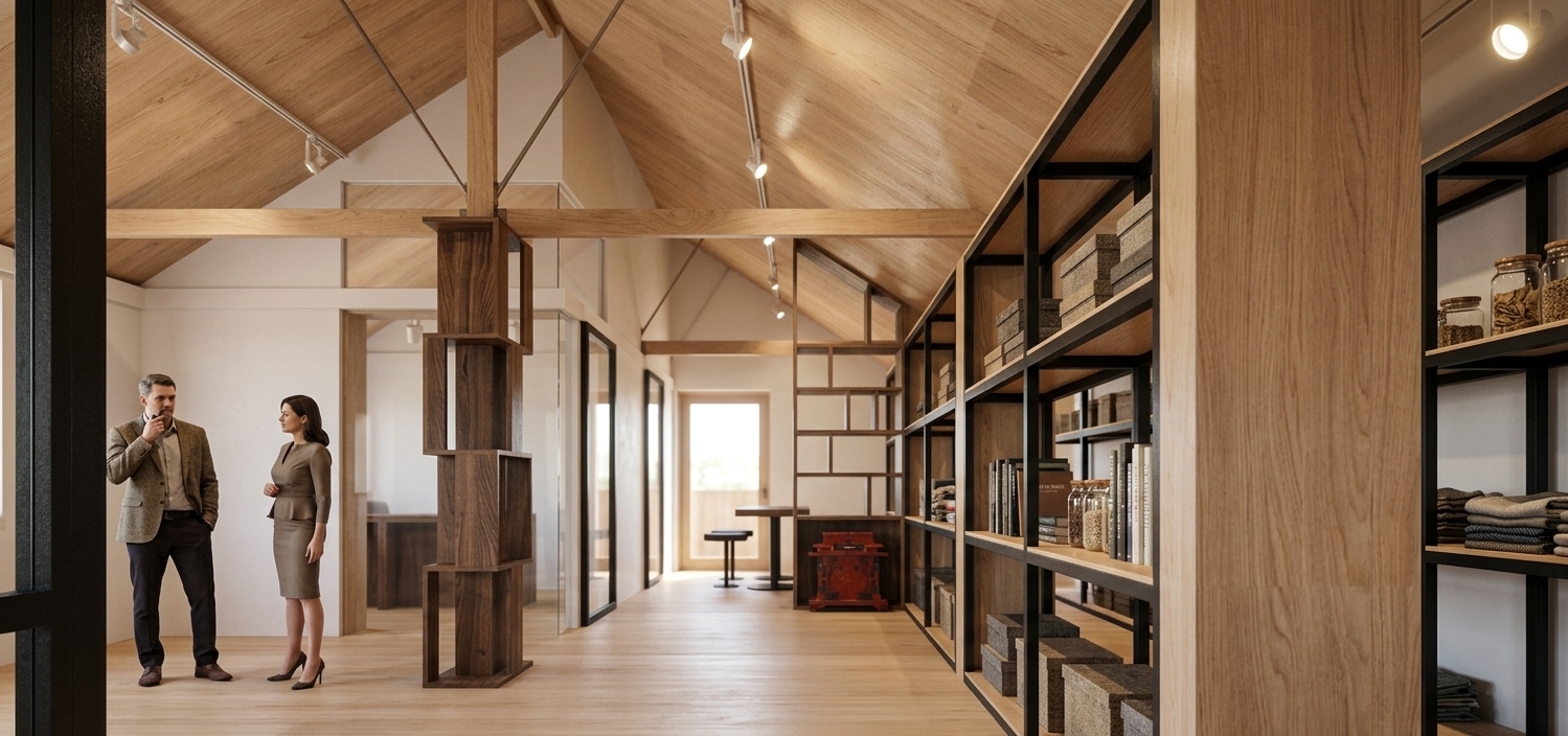 Architectural interior photograph of a minimalist modern stockroom office, preserving the exact layout, pitched ceiling, and camera perspective. The gabled ceiling, central pillar accents, and floor are finished in seamless, light birch plywood panels. Crisp white metal shelving units on the right are neatly filled with light brown cardboard storage boxes. On the left, two realistic professionals in smart-casual business attire stand conversing naturally. The space is illuminated by warm-white recessed ceiling lights and focused track spotlights highlighting the storage shelves, captured with a clean wide-angle lens, authentic surface textures, and balanced, soft interior shadows.
