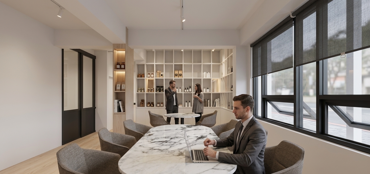 A photorealistic architectural photograph of the modern minimalist office scene, faithfully retaining the exact layout, perspective, and composition. Soft daylight filters through the right-side roller shades onto clean matte white walls and light birch wood column accents. The foreground conference table has a polished white marble finish with subtle grey veins, surrounded by contemporary upholstered chairs and realistic people. In the background, the grid shelving features subtle warm under-shelf lighting and directional ceiling track spots illuminating neatly displayed premium packaged goods. Shot on a wide-angle architectural lens with natural exposure, balanced shadows, realistic surface textures, and crisp, authentic interior lighting.