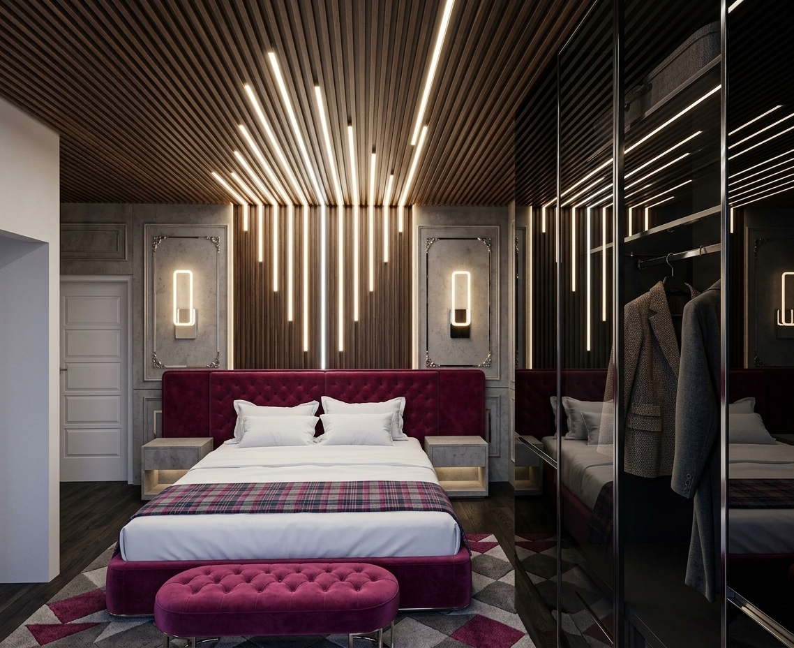 An incredibly lifelike, richly detailed, photorealistic wide-angle interior shot of a cyber-eclectic luxury master bedroom set in a sleek urban penthouse. The scene is illuminated by striking, built-in vertical LED light strips cascading from the rich wood-slatted ceiling canopy down the accent wall, balanced by soft, ambient sconces that create a bold, tech-inspired, and intimately moody atmosphere. Captured with a professional 24mm architectural lens, emphasizing high-contrast mixed-media surfaces, from tactile fluted timber and raw concrete-toned boiserie walls to plush fabrics and polished finishes. At the center, a king-sized bed adorned with crisp white linens, a plaid throw, and a deep magenta tufted-velvet headboard is paired with a matching cushioned ottoman over a subtle geometric rug. To the right, floor-to-ceiling wardrobes featuring smoked-glass doors and high-gloss panels crisply reflect the radiant linear light installation, harmonizing futuristic design with sophisticated comfort.