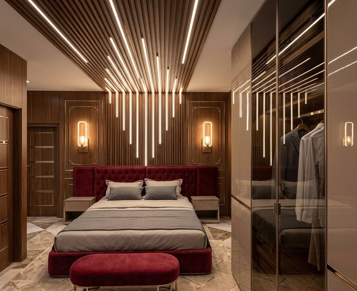 An incredibly lifelike, richly detailed, photorealistic eye-level shot of a modern master bedroom set in a luxury contemporary penthouse. The scene is illuminated by striking linear LED strips recessed into fluted walnut wood slats that cascade from the ceiling down the feature wall, supplemented by warm glowing sconces, creating a sophisticated and intimately moody atmosphere. Captured with a 35mm architectural lens, emphasizing rich textile grains, warm timber finishes, and crisp glossy reflections. Centering the composition, a tailored bed dressed in layered neutral and gray linens features a plush, deep-crimson tufted velvet headboard, complemented by a matching cushioned bench resting on a geometric champagne-toned rug. To the right, high-gloss and tinted glass wardrobe panels sharply mirror the dynamic lighting architecture, balancing understated elegance with refined modern luxury.