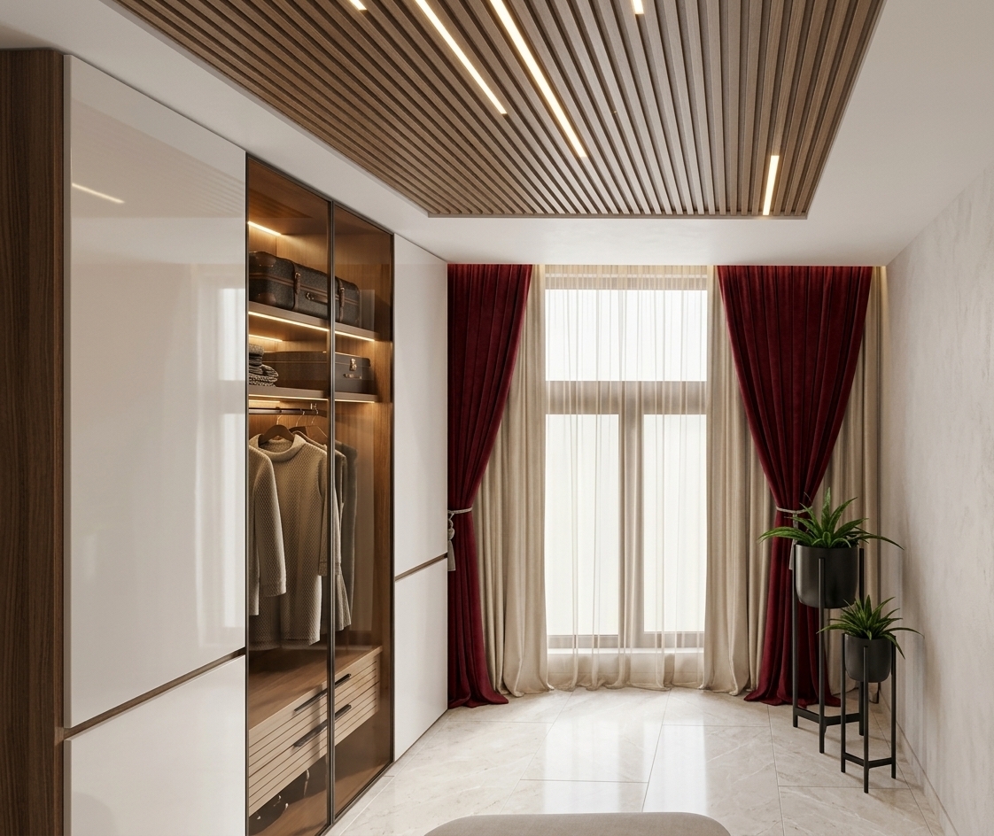An incredibly lifelike, richly detailed, photorealistic eye-level interior shot of a bespoke dressing corridor within a contemporary bedroom suite, set in an upscale modern residence. The scene is illuminated by soft morning daylight filtering through sheer window drapes coupled with warm, integrated LED strip lights recessed within an architectural slatted-timber ceiling panel, creating a bright, airy, and serene atmosphere. Captured with a high-end full-frame camera and a 24mm tilt-shift architectural lens, emphasizing the clean-lined forms, glossy lacquer finishes, and tactile fabric textures. On the left, a sleek, built-in floor-to-ceiling wardrobe pairs pearl-white gloss panels with warm wood framing and a backlit, bronze-tinted glass showcase displaying neatly folded apparel, leather luggage, and curated storage. At the far end, layered curtains in rich crimson and champagne drape gracefully against the bright window, casting soft directional shadows across the pale polished stone floor. To the right, slim black metal plant stands with lush greenery and a subtle plaster wall finish balance the space, epitomizing sophisticated, refined elegance.