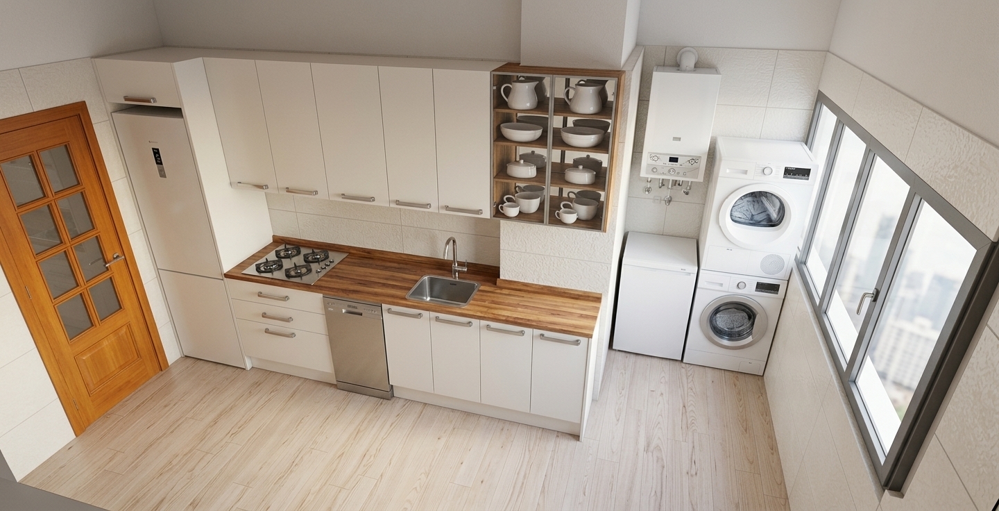 An incredibly lifelike, richly detailed, photorealistic high-angle shot of a sleek contemporary kitchen and adjoining laundry area set in a luminous modern apartment. The scene is illuminated by soft, natural daylight streaming through a large multi-pane window, beautifully diffused across the surfaces to create a bright, serene, and welcoming atmosphere. Captured with a professional wide-angle architectural lens, emphasizing the fine organic grain of the pale wood floor planks, the warm tones of the butcher-block countertop, and the subtle relief pattern of the off-white ceramic wall tiles. Elegant flat-panel white cabinetry with brushed chrome pull handles lines the wall, beautifully contrasted by a rich amber-toned wood entry door and modern stainless steel appliances, including a built-in dishwasher and gas cooktop. A sophisticated glass-front upper cabinet displays minimalist white ceramicware, while the adjoining utility recess neatly accommodates a stacked white washer-dryer unit and wall-mounted boiler, seamlessly combining contemporary elegance with thoughtful functionality.
