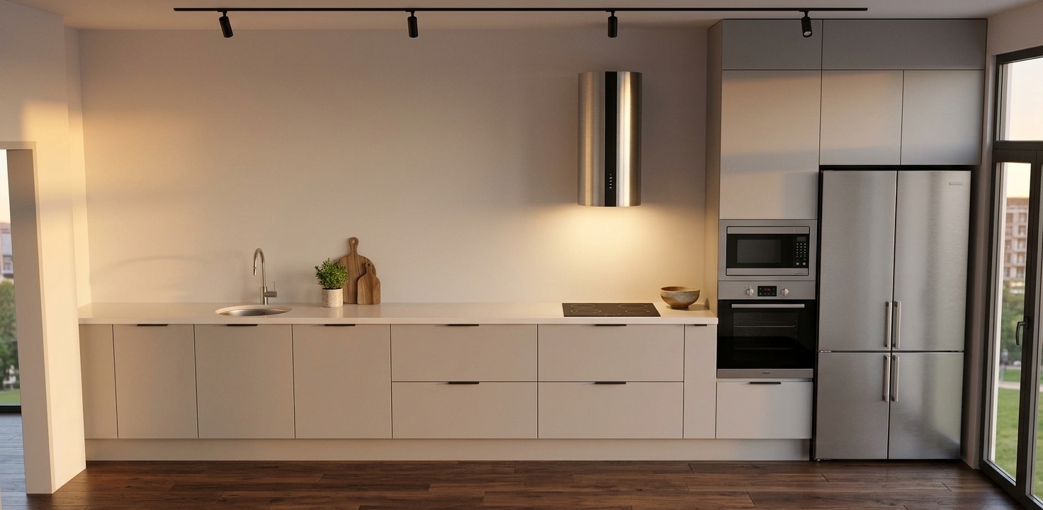 An incredibly lifelike, richly detailed, photorealistic straight-on interior shot of a minimalist contemporary kitchen set in a stylish urban apartment during a warm summer sunset. The scene is illuminated by golden sunset light spilling gently through adjacent floor-to-ceiling windows, softly balanced by overhead black track lighting and the integrated warm glow beaming down from the cylindrical stainless steel range hood, creating a calm, inviting, and sophisticated atmosphere. Captured with a professional architectural 35mm lens, emphasizing the velvety matte texture of seamless light-gray flat-panel cabinets, the pristine smooth surface of the pale solid-surface countertop, and rich, deep-toned hardwood flooring. On the counter, an elegant matte-black square undermount sink features a striking high-arc black faucet, while a flush-mounted black four-burner glass ceramic cooktop sits precisely below the hood; on the far right, a full-height cabinetry tower cleanly integrates a stacked built-in oven and microwave alongside a stainless-steel French-door refrigerator. Thoughtfully placed minimalist accents—such as a small potted herb, a sculptural wooden cutting board, and an artisan ceramic bowl—bring quiet warmth and effortless realism to the impeccably balanced space.