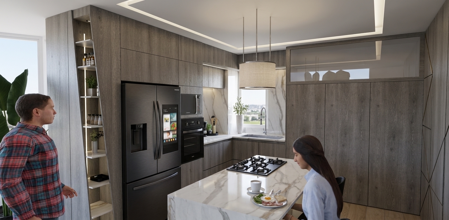 Photographed in bright summer midday light, this modern kitchen scene features crisp natural illumination creating soft ambient light and clean highlights across the textured grey wood cabinetry and polished marble surfaces. The man and woman are rendered with lifelike skin tones, natural subsurface scattering, and realistic fabric folds. Accurate reflections appear on the matte black refrigerator and appliances, while the food and coffee cup on the island showcase subtle, tangible micro-textures. Captured with an architectural wide-angle lens, the shot maintains balanced daylight exposure, gentle contrast, and faint photographic grain while strictly preserving the scene's existing composition, geometry, and materials.