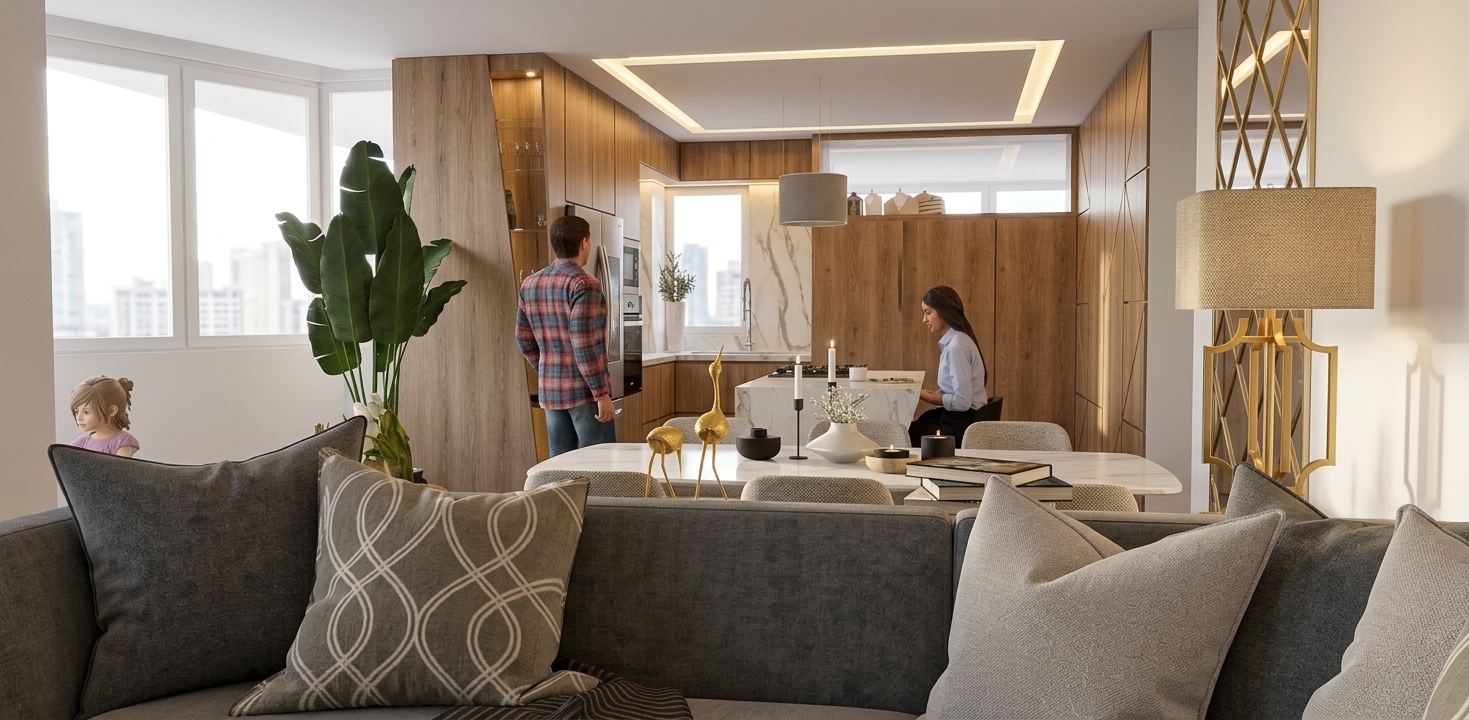 A bright, photorealistic interior photograph capturing the exact modern open-concept living, dining, and kitchen layout illuminated by clear summer midday sunlight. Direct, high-angle daylight pours through the windows, creating soft natural fill and authentic shadow interplay across the space. The tactile weave of the foreground grey sofa and patterned accent pillows is rendered in sharp textural detail, alongside the polished finish of the marble tabletop, the lush foliage of the potted houseplant, and the natural grain of the light-toned wood cabinetry. The figures of the woman at the island, the man by the refrigerator, and the young child on the left display lifelike skin tones and relaxed postures. Photographed with a professional interior lens at eye-level, the frame features balanced exposure, true-to-life reflections, crisp midground clarity, and subtle optical depth without altering the existing composition.