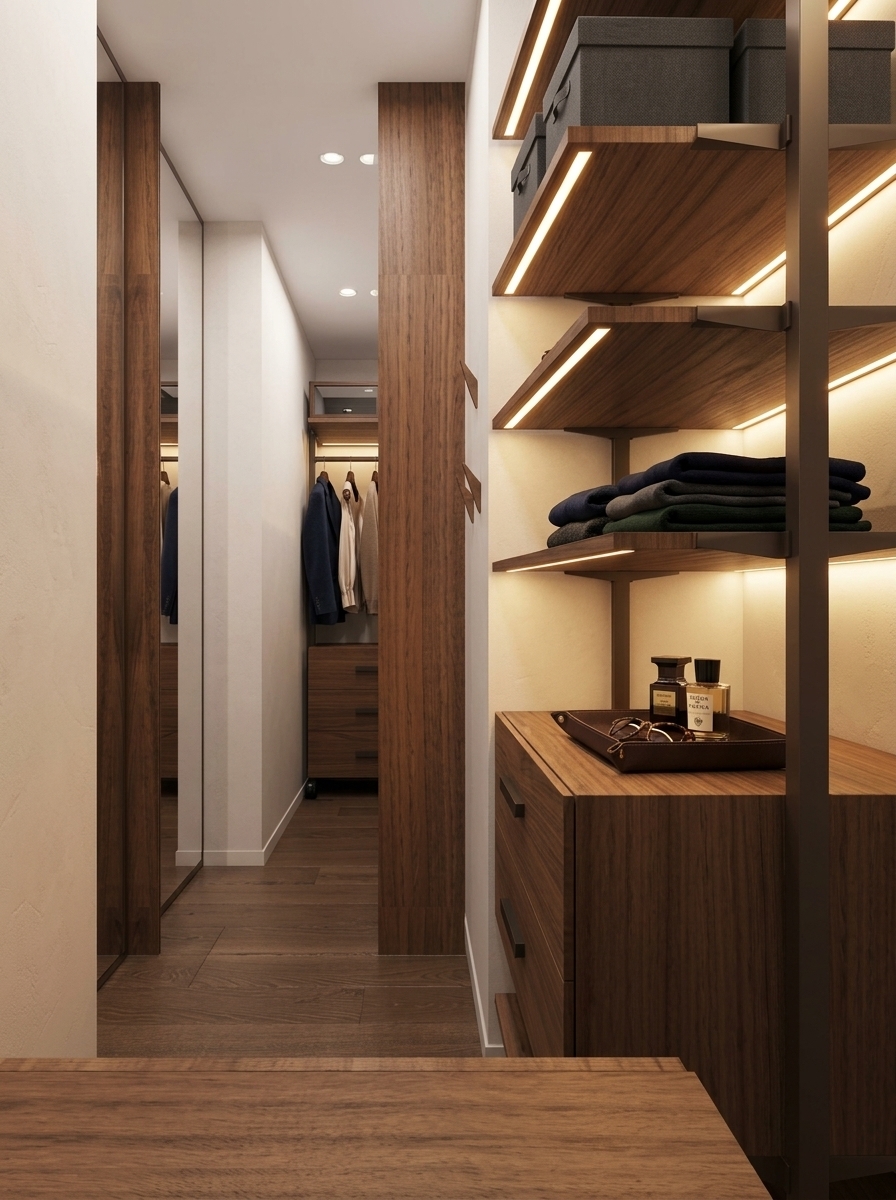 Render a photorealistic, luxury interior visualization of this walk-in closet, keeping the exact geometry and layout unchanged. Upgrade the finishes to premium materials, featuring rich, natural wood grain on the drawers and shelves with matte dark bronze metal hardware. Add warm, concealed LED strip lighting beneath the shelves. Style the empty surfaces with high-end accessories: neatly folded luxury garments, a leather valet tray with perfume bottles or sunglasses on top of the foreground dresser, elegant designer clothes on wooden hangers, and sophisticated minimalist storage boxes on the shelves. Enhance the lighting to be soft, warm, and cinematic, creating an upscale boutique atmosphere.