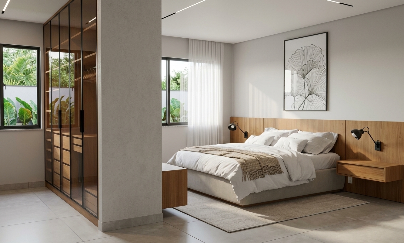 An incredibly lifelike, richly detailed, photorealistic wide-angle interior photograph of a minimalist master bedroom suite set in a contemporary Brazilian residence. The scene is illuminated by neutral 5500K daylight and soft, indirect sunlight filtering through sliding glass windows in the background, creating a serene, balanced, and sophisticated atmosphere. Captured with a professional full-frame camera and a 24mm architectural tilt-shift lens, emphasizing the warm, delicate grain of natural *freijó* wood, the matte texture of large-format light ceramic floor tiles, and the crisp, tactile weave of layered linen bedding. 

To the left, an open wardrobe system framed in sleek black metal and bronze-tinted glass stands adjacent to a subtly textured, light-gray partition wall. On the right, a low-slung upholstered bed rests atop an understated area rug, flanked by an expansive, integrated *freijó* wood headboard with floating bedside tables and matte-black articulated sconces. Above, a minimalist botanical line-art frame provides a focal point against the neutral wall, while sheer white curtains billow gently near the window. Outside, vibrant tropical foliage thrives along a crisp garden wall, captured with true photographic depth of field, gentle ambient gradients, and refined HDR clarity.
