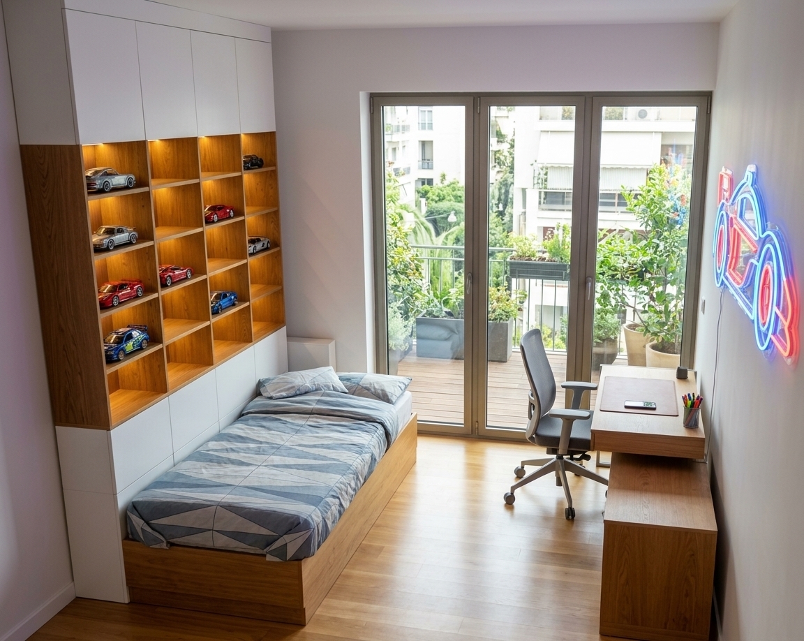 An incredibly lifelike, richly detailed, photorealistic wide-angle interior shot of a modern fusion boy’s bedroom and creative study set in a contemporary urban apartment. The scene is illuminated by bright natural daylight streaming through tall floor-to-ceiling glass terrace doors, harmoniously balanced with warm LED light strips tucked beneath each oak display shelf and the vibrant, luminous glow of a car-shaped neon sign mounted above the desk, creating an energetic and cozy atmosphere. Captured with a 24mm wide-angle lens, emphasizing the realistic wood grain of the custom oak cabinetry, smooth matte white built-ins, and the polished metallic finishes of detailed model cars displayed along the shelves over the neatly dressed platform bed. Opposite, a clean wooden work desk and ergonomic mesh chair form a sleek, productive workstation, effortlessly blending youthful passion with a modern, design-forward aesthetic.