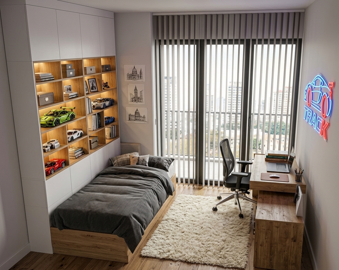 An incredibly lifelike, richly detailed, photorealistic wide-angle interior shot of a stylish boy's bedroom and study nook set in a contemporary urban residence. The scene is illuminated by soft daylight filtering through sleek vertical blinds over expansive balcony doors, balanced by warm, hidden LED strip lighting under the shelves and the vibrant electric glow of a custom sports-car neon sign mounted above the workstation, creating an energetic, cozy, and inspiring atmosphere. Captured with a professional 24mm architectural lens, emphasizing rich wood grains, crisp white joinery, and tactile fabric textures. The bespoke wall storage features minimalist white cabinets seamlessly integrated with natural oak cubbies, where illuminated compartments proudly showcase detailed Lego supercar models above a neatly dressed bed with soft gray and charcoal linens. In the study zone, an ergonomic mesh office chair rests before a clean-lined wooden cantilever desk, anchored by a deep, fluffy shag rug resting on warm timber flooring that ties the modern fusion design together.
