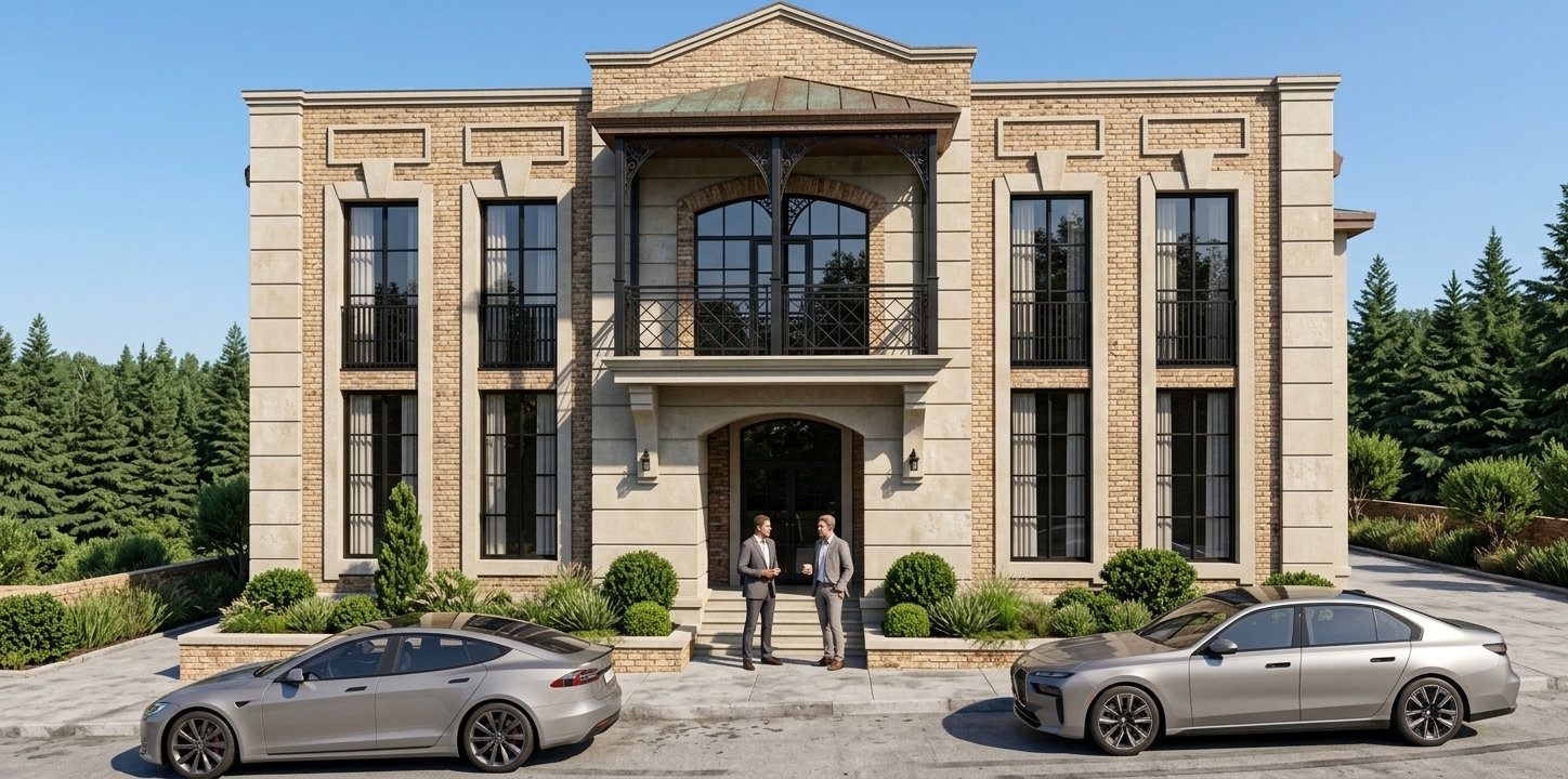 The photo, reference no auth/5698f1b4 2955 4c7f 83b0 f9e32a7a596e.jpg, presents a grand, meticulously designed three-story residential building, likely a large townhouse or a substantial single-family home, rendered in a refined neoclassical revival style. The dominant architectural features include a symmetrical facade clad in a combination of warm, reddish-brown brick with lighter beige or cream-colored stone detailing, imparting a sense of permanence and classic elegance. The central axis is emphasized by a prominent arched main entrance at ground level, flanked by sophisticated wall sconces and leading to a set of inviting steps where two well-dressed men are engaged in conversation, providing a sense of human scale and activity. Above the entrance, an ornate metal-roofed balcony projects from the second floor, supported by substantial corbels and featuring an intricately patterned wrought-iron railing with delicate arched supports, all in a dark, stately finish. This central balcony fronts a large arched window with dark muntins, mirroring the architectural curves of the main entrance below.

On either side of the central bay, the facade is punctuated by tall, rectangular windows that span two floors, featuring dark frames and slender vertical mullions, some incorporating sleek Juliet balconies with simple dark railings. These windows are framed by the same light-colored stone, which also forms decorative lintels and sills, and robust pilasters that visually anchor the corners of the building. A decorative brick pattern with stepped rectangular elements adorns the areas between the windows on the upper floors, adding texture and architectural interest. The building culminates in a classical pediment at the center of the roofline, further enhancing its stately appearance.

The immediate surroundings are impeccably landscaped, with manicured evergreen shrubs, low hedges, and bursts of flowering plants like lavender lining a paved walkway that leads to the entrance. Beyond the well-maintained foreground, a dense, verdant forest of tall evergreen trees stretches into the background under a clear, bright blue sky, suggesting a serene, upscale suburban or semi-rural setting. The photo is taken on a clear, sunny day, with the light casting soft shadows that highlight the textures and depth of the facade. In the foreground, two luxury cars, a dark gray sedan and a white sedan, are parked on the dark asphalt street, further cementing the opulent context of the scene and contributing to the overall impression of a sophisticated and luxurious residential environment.