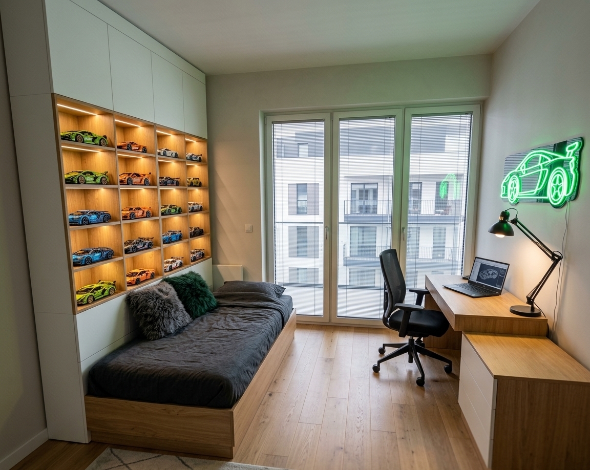 An incredibly lifelike, richly detailed, photorealistic wide-angle interior shot of a stylish 8-year-old boy’s bedroom and study space set in a modern contemporary apartment. The scene is illuminated by integrated warm LED strip lighting lining the wooden shelving, the vivid emerald radiance of a custom sports car neon sign, and gentle daylight filtering softly through sleek horizontal blinds, creating a cool, energetic, and cozy atmosphere. Captured with a full-frame camera and a 24mm tilt-shift architectural lens, emphasizing natural light oak textures, smooth matte white cabinetry, and soft textile finishes. 

On the left, custom floor-to-ceiling cabinetry incorporates warm timber niches meticulously displaying colorful, intricate LEGO sports car models, each highlighted by integrated under-shelf illumination. Below rests a tailored wooden platform bed dressed in premium dark charcoal linen bedding with two deeply textured, fluffy accent pillows. Across the light oak flooring, the dedicated study nook features a minimalist wooden desk equipped with a sleek open laptop, an illuminated architect task lamp, and an ergonomic black mesh chair. Mounted prominently on the wall above the desk, a bold neon sign glowing in an electric green sports car silhouette injects dynamic character, beautifully reflected in the backdrop's floor-to-ceiling glass balcony doors.