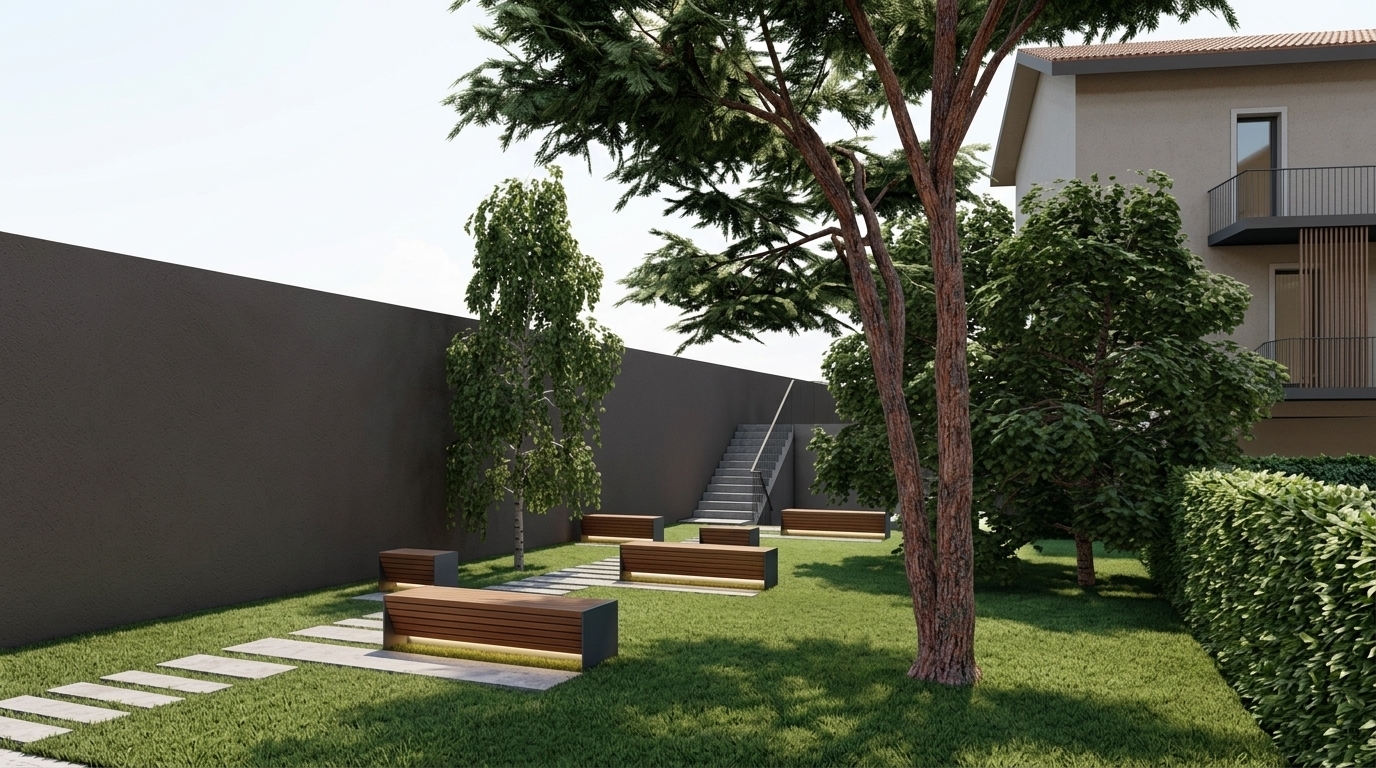 A photorealistic architectural render of the courtyard garden based on the scene. Replace all birch trees with mature cedar trees. Transform the low white wall on the right into a dense, manicured green hedge. Finish the tall perimeter wall on the left with a dark taupe textured plaster. Replace the blocky seating with modern benches made of warm wood slats and dark metal frames, featuring integrated warm under-bench LED lighting. Render realistic lush grass, textured concrete paver pathways, natural daylight, soft cast shadows, and an authentic residential building facade.