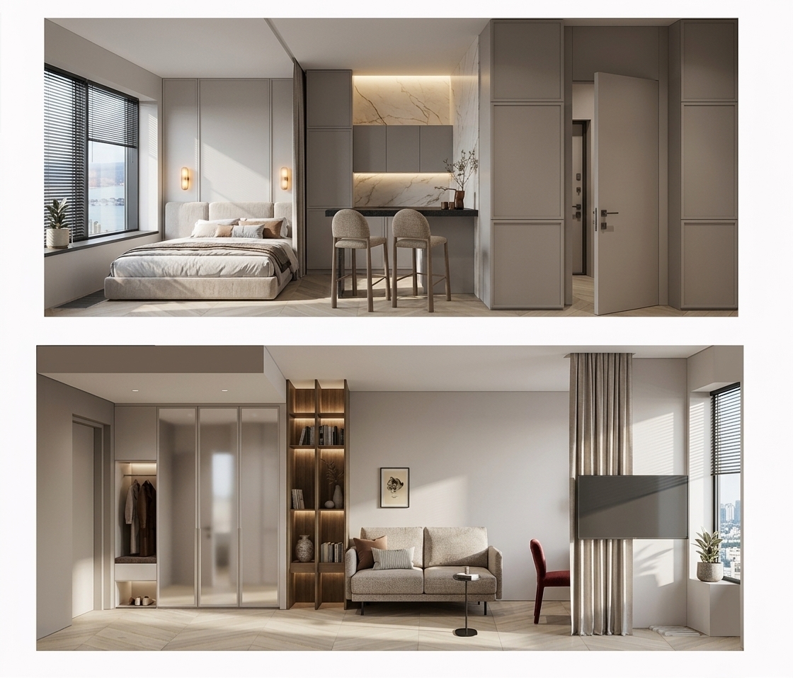 A photorealistic interior photograph capturing the exact scene and dual-elevation composition under crisp, bright spring midday light. Natural sunlight streams through the windows, casting soft, diffused ambient light across the neutral walls and pale herringbone wood floors. The materials are rendered with tactile realism, featuring textured woven upholstery on the bed and sofa, smooth matte laminate cabinetry, polished marble backsplash accents, realistic drapery folds, and clear glass reflections on the wardrobe. Soft, balanced interior ambient lighting complements the daytime sunlight, creating natural contact shadows, rich micro-textures, and authentic architectural photography depth without altering the geometry or placement.