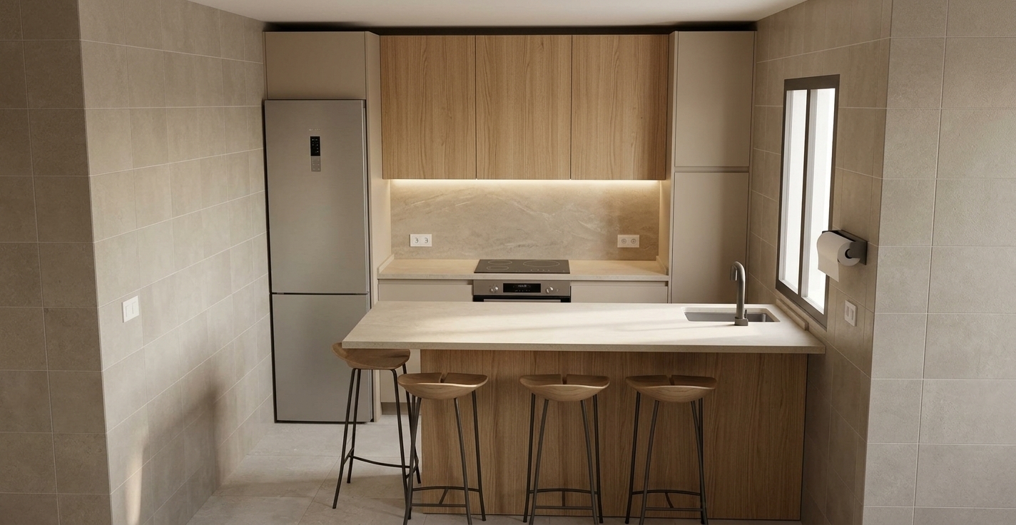 An incredibly lifelike, richly detailed, photorealistic eye-level interior shot of a compact kitchen set in a serene, contemporary residence. The scene is illuminated by gentle daylight streaming through the side window balanced by soft, warm under-cabinet LED lighting, creating a warm, tranquil, and uncluttered minimalist atmosphere. Captured with an architectural 35mm lens, emphasizing the delicate tactile qualities of natural textures and refined finishes, the space showcases a sophisticated palette of smooth matte beige cabinetry effortlessly paired with warm, vertical-grain light oak upper cabinets and island cladding. A honed, natural matte beige stone flows across the peninsula countertop and extends up as a seamless, elegant backsplash behind the sleek induction cooktop and built-in oven. Anchoring the breakfast bar, four slender, sculpted minimalist barstools sit neatly along the peninsula, complemented by a discreet undermount sink with a matte dark faucet, resting atop softly textured light floor tiles for an impeccably cohesive culinary haven.