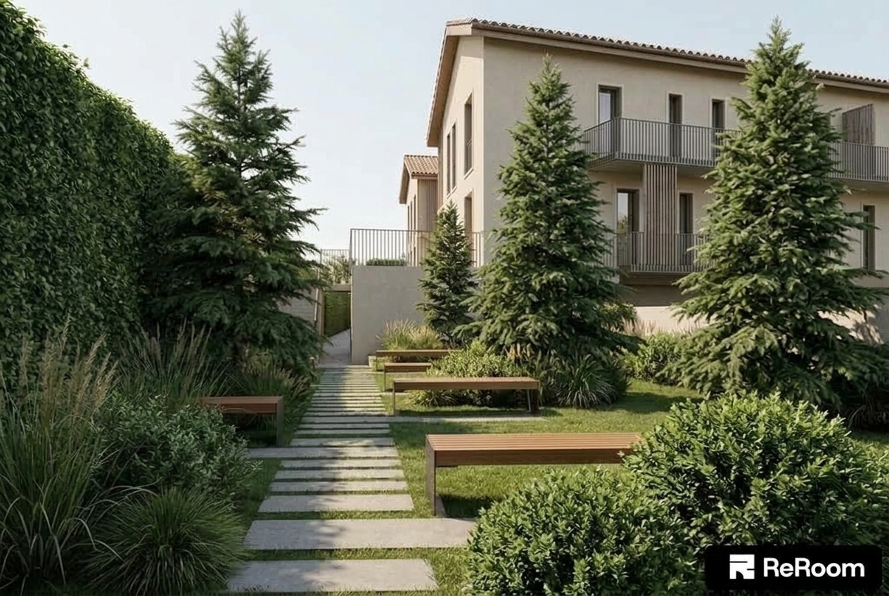 Replace all the spruce trees in the courtyard garden with significantly taller cedar trees. The new cedars should feature a taller, fuller structure with classic layered evergreen foliage, rising well above the wooden benches and shrubs. Maintain the existing modern building, stone paver pathway, benches, ground cover plants, and bright sunny lighting.