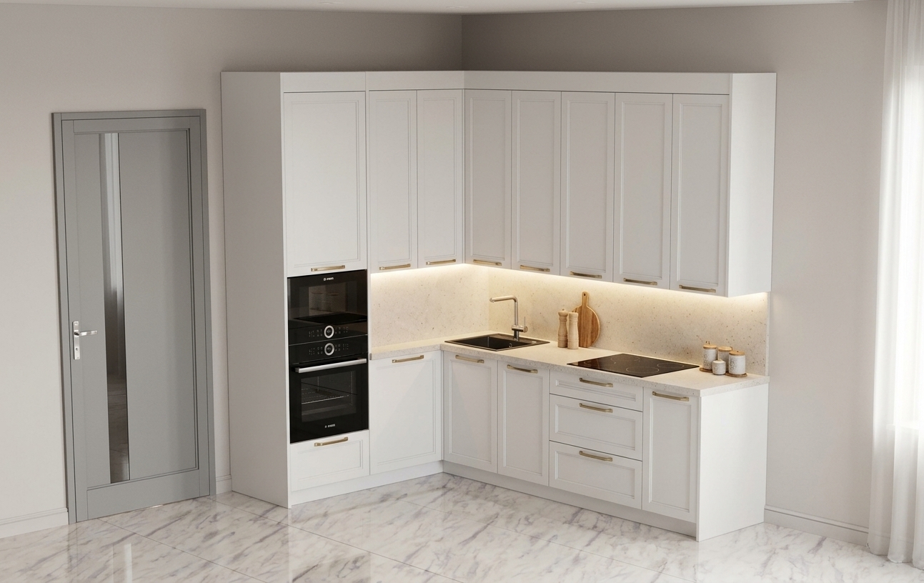 Architectural photograph of the exact corner kitchen setup, preserving all original geometry, cabinet layouts, door positioning, and marble flooring. The white framed cabinets feature a realistic satin finish with brushed brass hardware, complemented by reflective gloss on the black built-in oven stack and sleek cooktop. A warm 3000K continuous under-cabinet LED strip casts a soft, inviting glow across the backsplash and solid stone countertop, which is subtly styled with minimal decor including a wooden cutting board and small ceramic pieces. Shot with a sharp 35mm interior lens, balancing soft ambient daylight with warm task lighting to create natural reflections and authentic material textures throughout.