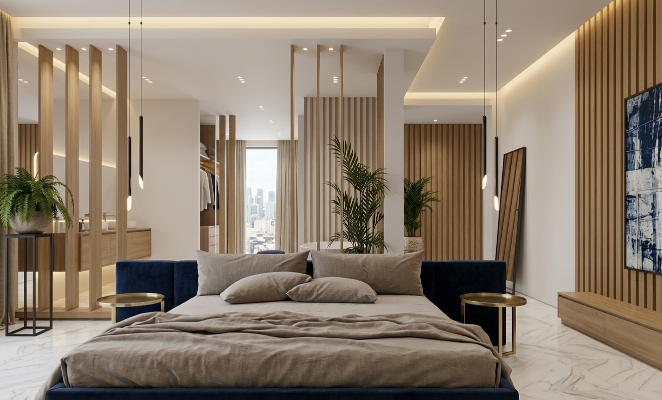 An incredibly lifelike, richly detailed, photorealistic wide-angle interior shot of a contemporary master bedroom suite set in a sophisticated urban apartment. The scene is illuminated by soft, recessed ceiling spotlights, concealed cove illumination, and slender pendant fixtures, creating a serene, modern, and Zen-inspired atmosphere. Captured with a professional 35mm architectural lens, emphasizing the tactile textures of deep navy blue velvet upholstery, relaxed taupe linen bedding, sleek vertical oak slats, and polished marble flooring. In the center, a low-profile bed with plush cushions is flanked by delicate metal side tables and balanced by a low floating wooden console beneath vertical wall paneling and framed abstract art. Elegant slatted room dividers provide a graceful visual transition into the open-concept dressing and bath area, while lush potted greenery adds a fresh, organic vitality to this uncluttered, impeccably styled minimalist haven.